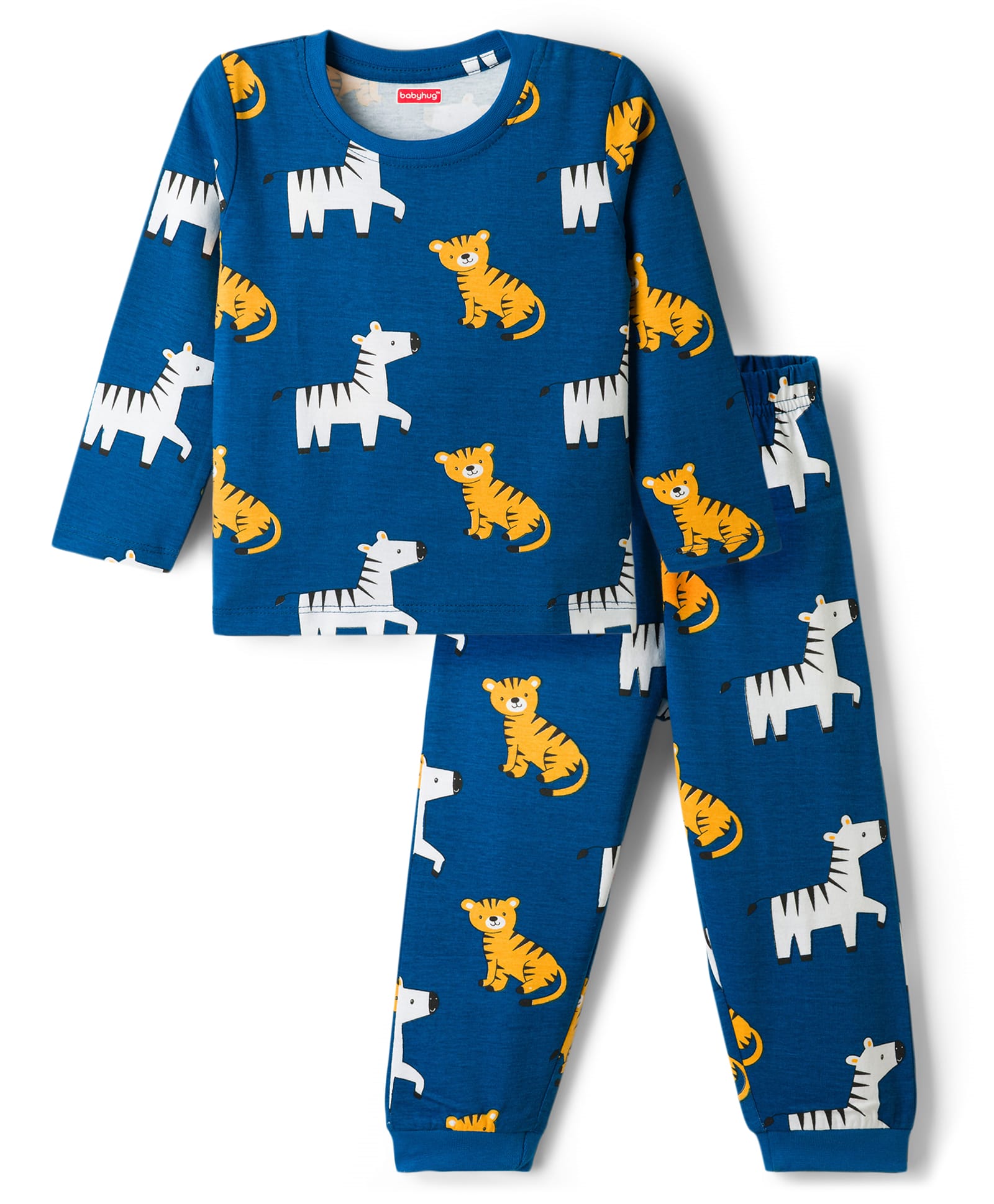 Babyhug Cotton Knit Full Sleeves T-Shirt & Pyjama Co-ord Night Suit with Tiger & Zebra Print - Teal Blue-image-27