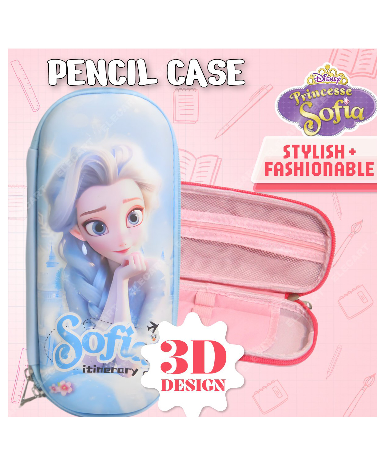 Elecart 3D Sofia Pencil Case for Girls Cute Waterproof PU Pencil Box for Kids, Large Capacity Pen Pouch with Compartments, School Supplies Organizer (Pack 1 Random Colour)-image-43