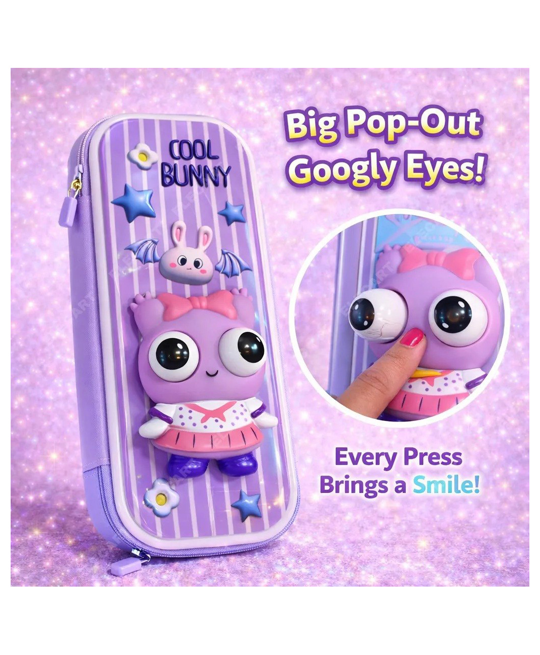 Elecart Bunny Pop Eye 3D Squishy Pencil Case | Cute Cartoon Bunny Zipper Pouch | Stress Relief Pop-Out Eyeballs | Large Capacity Stationery Organizer for Kids (Pack 1 Random Colour)-picture-27