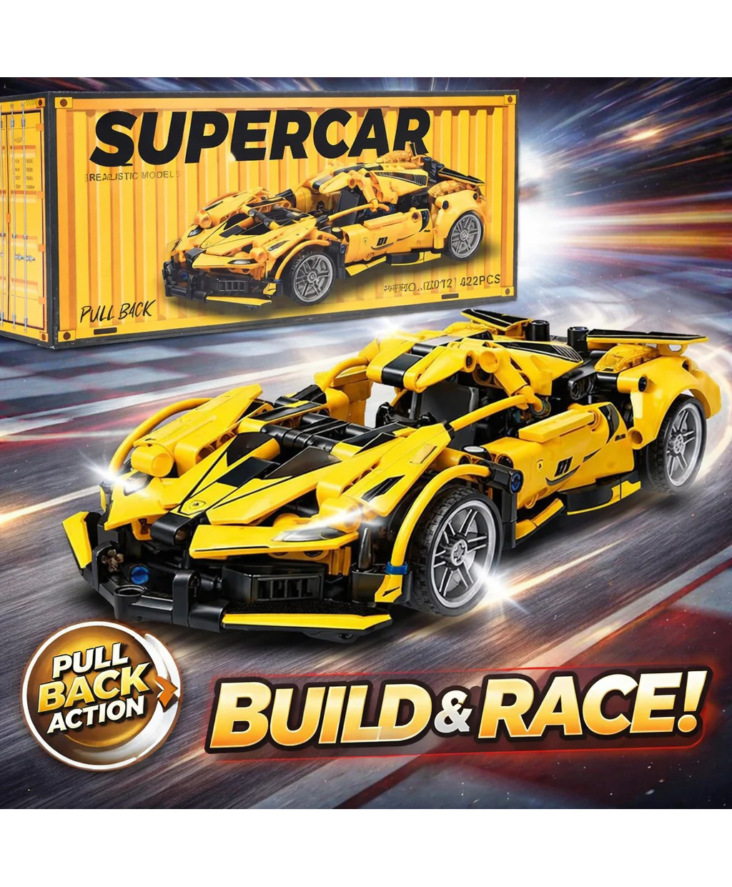 Elecart Rush 1:18 Scale Pull Back Racing Car Building Block Set (422 PCS) Yellow Ferrari Style | DIY Model Car Kit for Kids & Adults | Compatible Racing Brick Toy for Collectors-picture-28