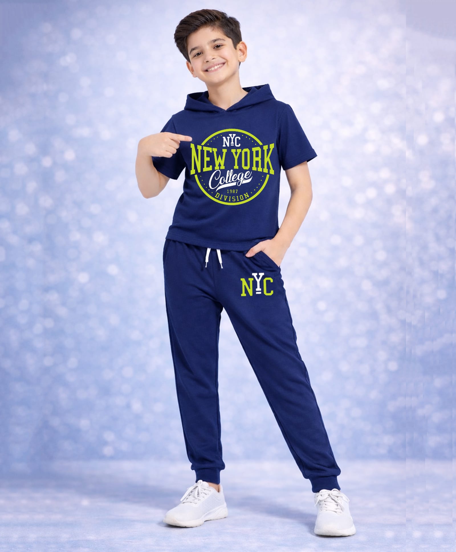 Trampoline Cotton Blend Knit Half Sleeves NYC New York Text Printed Hooded Tee & Joggers Set - Navy Blue-image-6