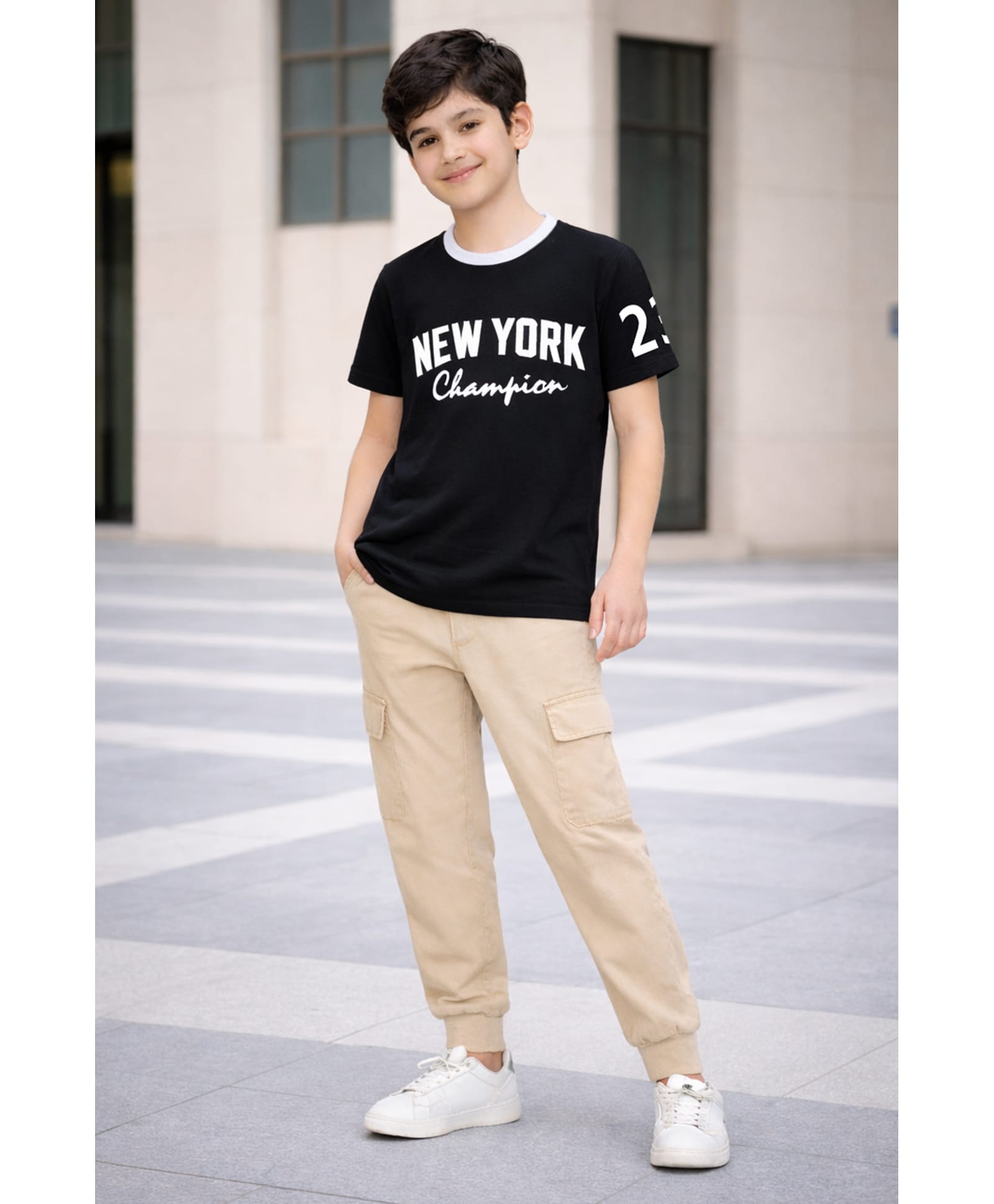 Trampoline Cotton Blend Knit Half Sleeves New York Champion Text Printed Tee & Joggers Set - Black & Beige-image-8