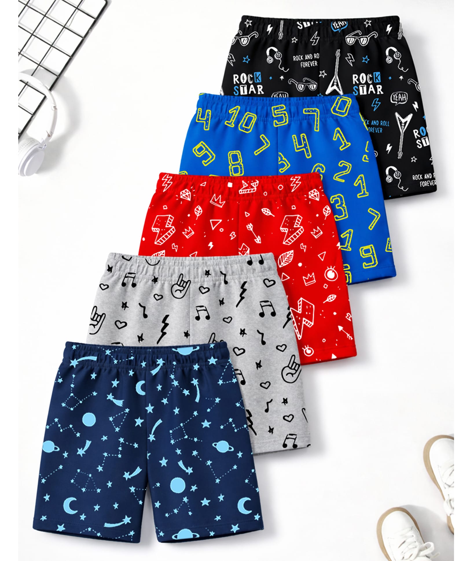Trampoline Cotton Blend Knit Pack Of 5 Constellation Musical Notes & Numbers Printed Shorts - Multi Colour-image-6