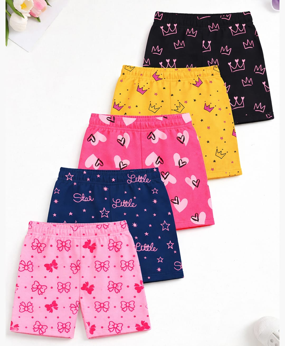 Trampoline Cotton Blend Knit Pack Of 5 Heart Crown & Bow Printed Shorts - Multi Colour
