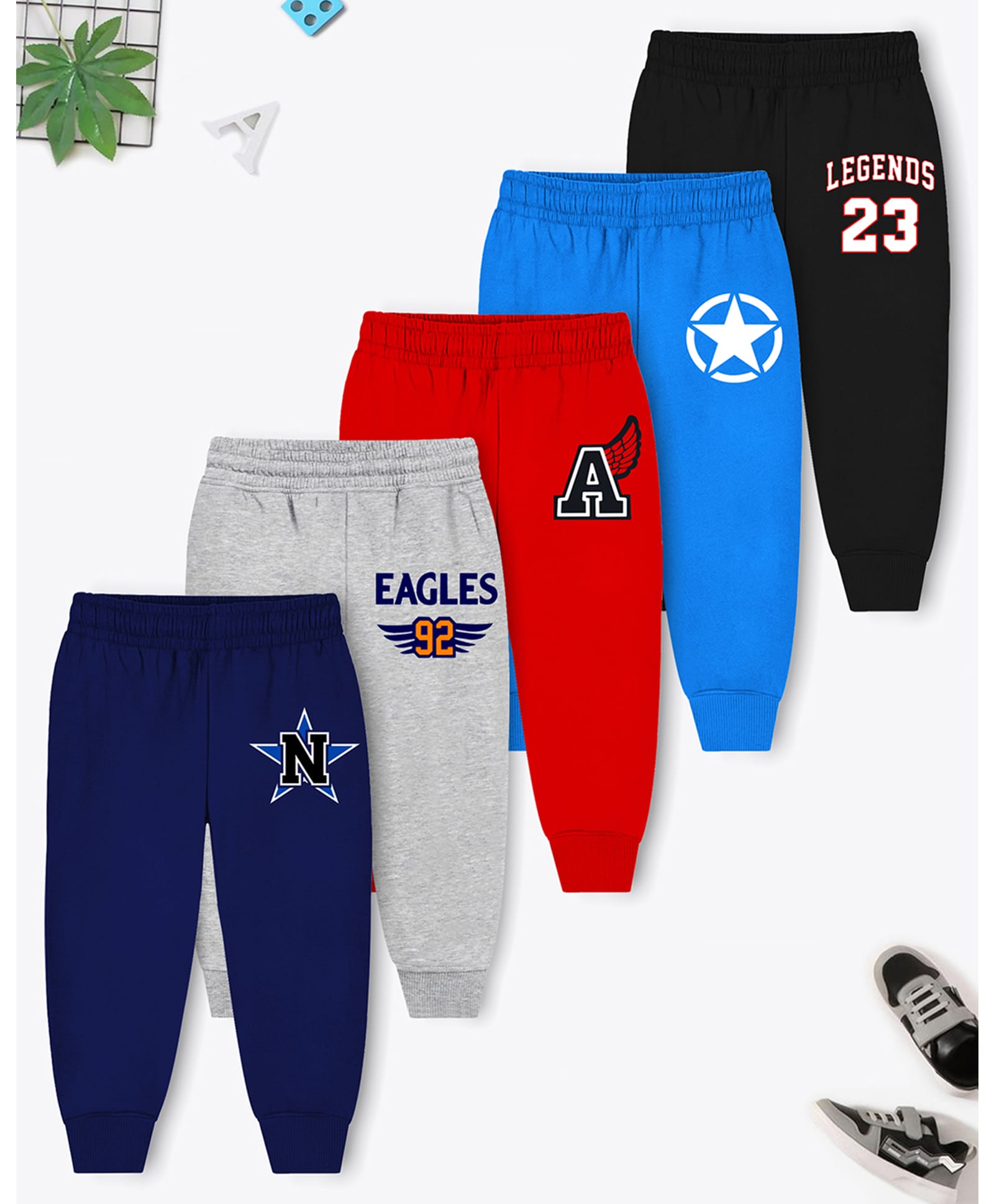 Trampoline Cotton Blend Knit Pack Of 5 Star Legends & Eagles Text Printed Pajamas - Multi Colour