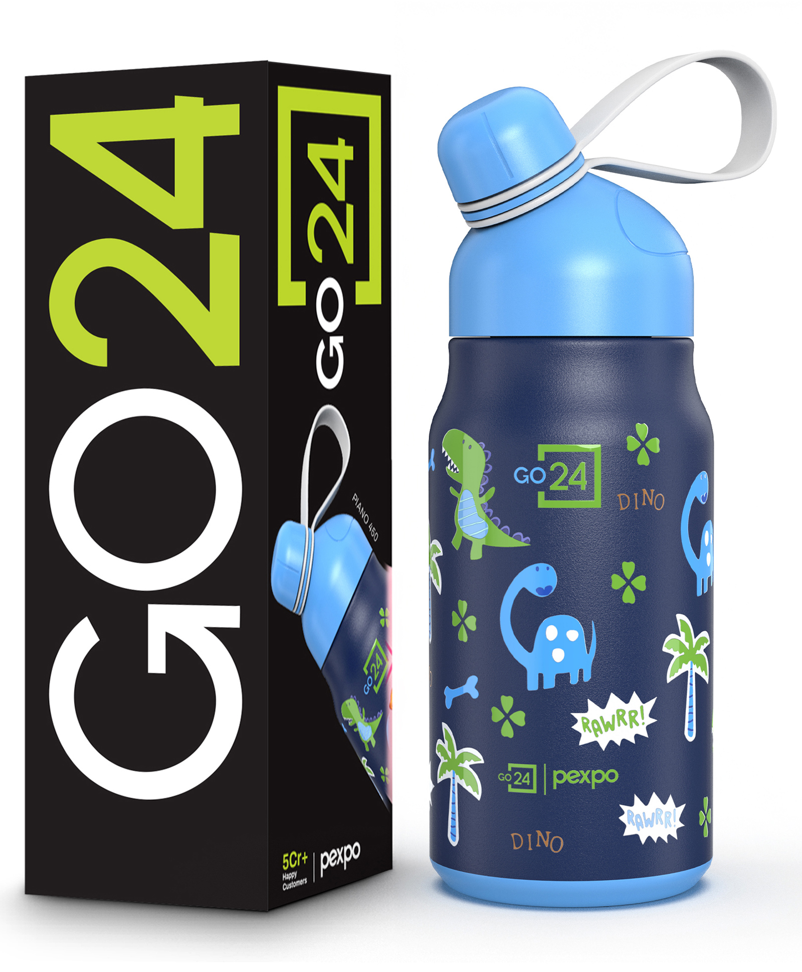 Pexpo Piano Cute Sipper Hot & Cold Thermoflask Dinosaure Print Stainless Steel Water Bottle for Kids & Adults Vacuum Insulated Portable Handle Double Wall School,Gym - 425 ml-image-20