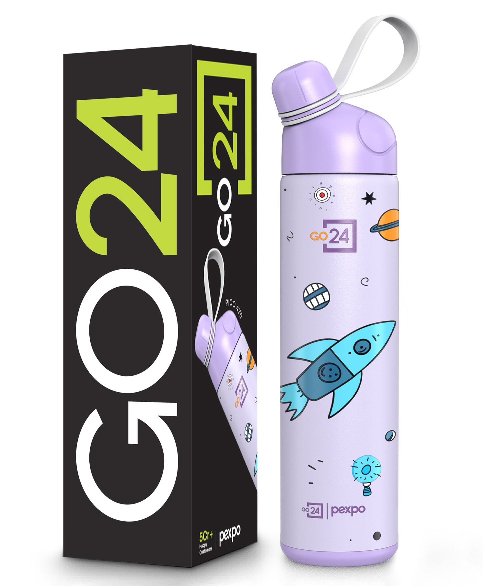 Pexpo Pico Cute Sipper Hot & Cold Stainless Steel Water Bottle for Kids & Adults| Rocket UV Printed Design with Silicone Strap| Vacuum Insulated Leak Proof & BPA Free School, Picnic, Travel -500 ml-image-27