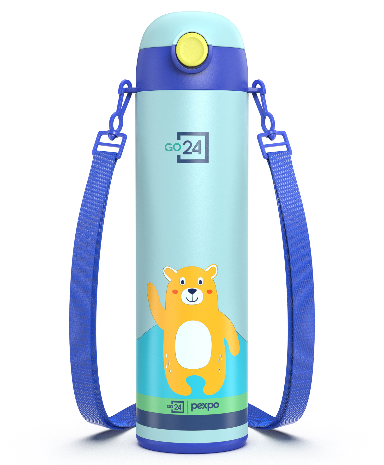 Pexpo Pixy Cute Design Hot & Cold Thermoflask , Bear Print Stainless Steel Water Bottle for Kids & Adults Vacuum Insulated|Portable Handle|Double Wall - 470 ml
