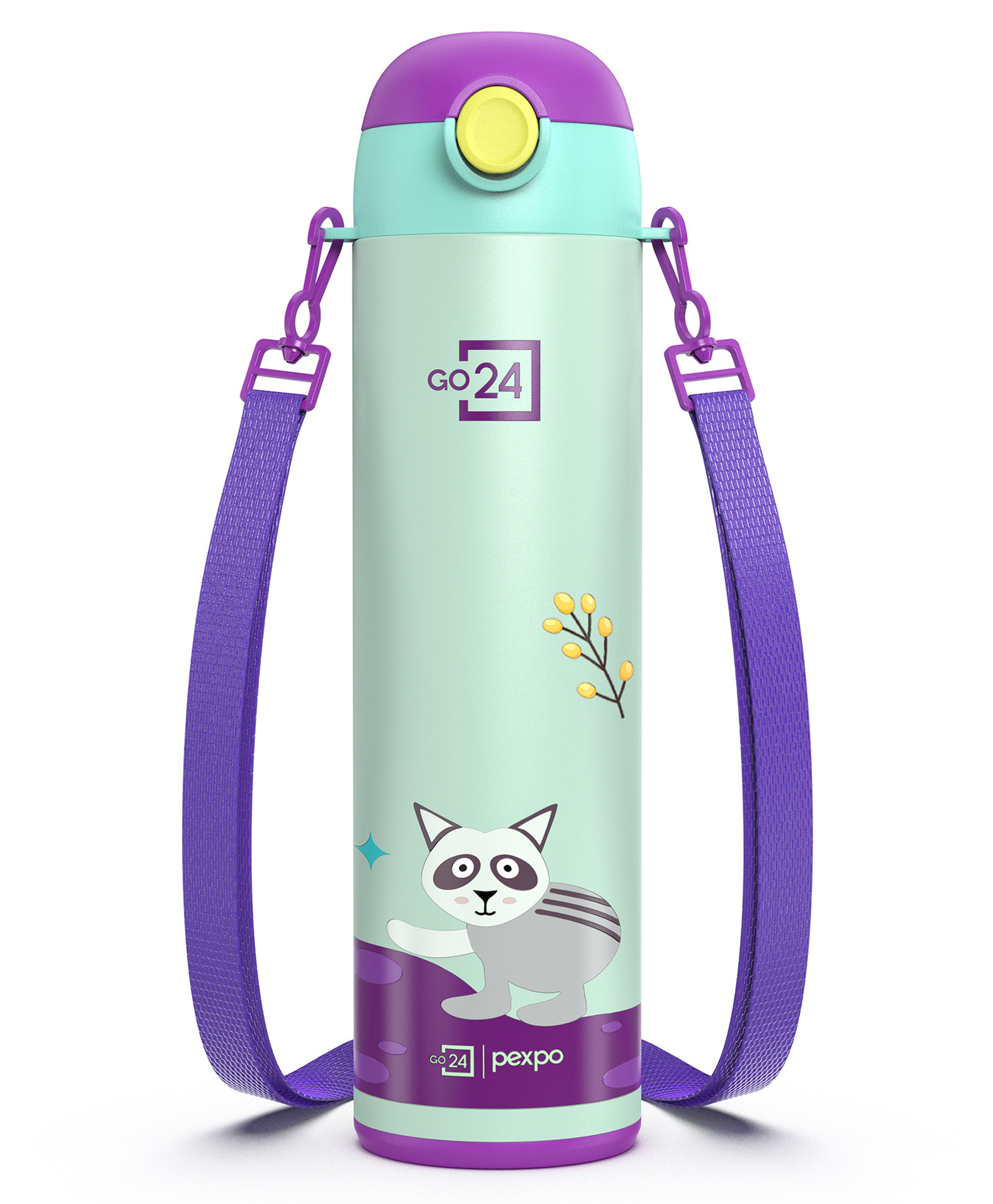Pexpo Pixy Cute Design Hot & Cold Thermoflask , Raccoon Print Stainless Steel Water Bottle for Kids & Adults Vacuum Insulated Portable Handle Double Wall- 470 ml-image-7