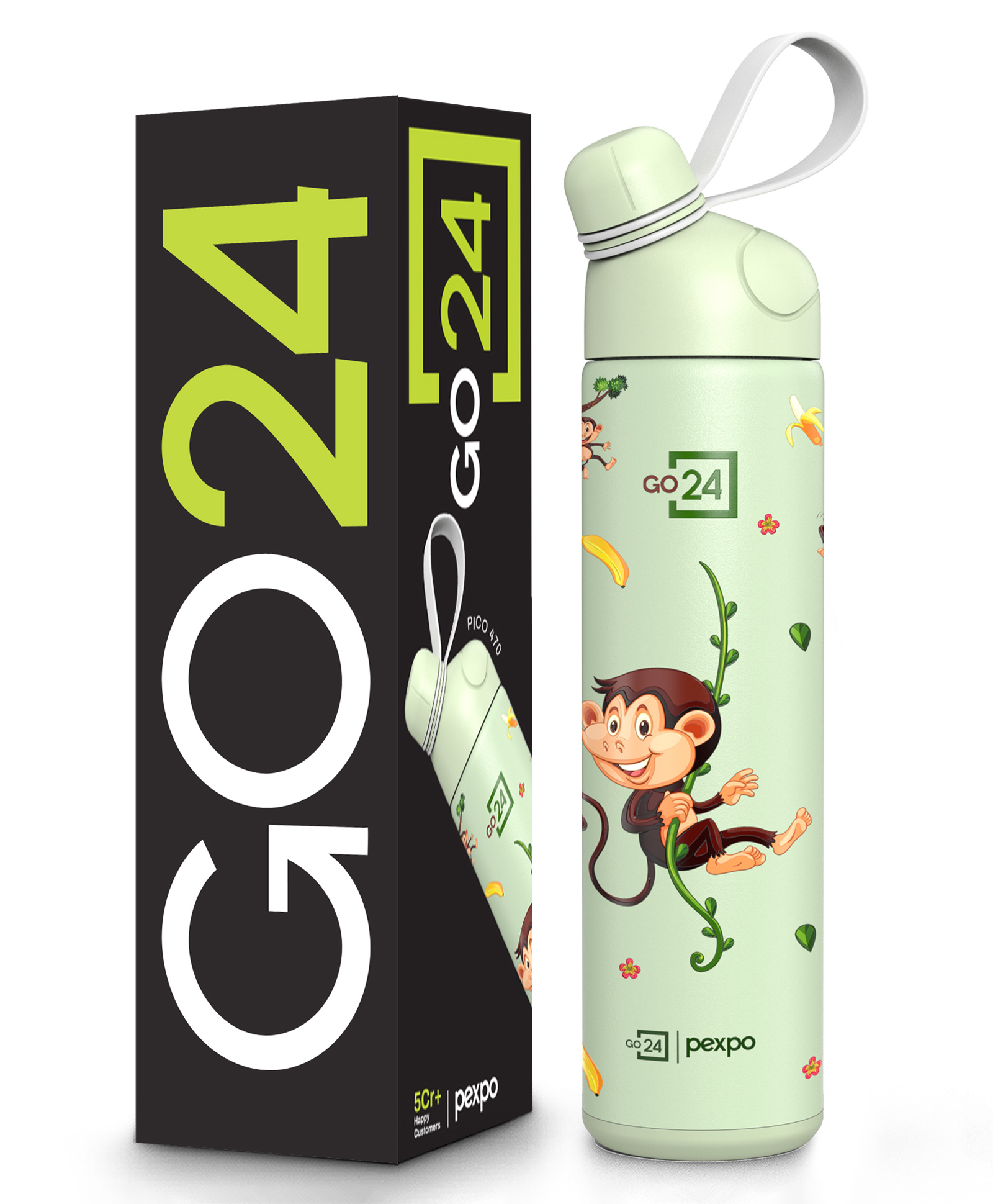 Pexpo Water Bottle for School Kids, ISI Certified Stainless Steel Sipper Bottle for Kids 500 ml Hot & Cold Thermos Insulated Water Bottle 6+ Years Kids Pico 500 - Green Monkey-image-6