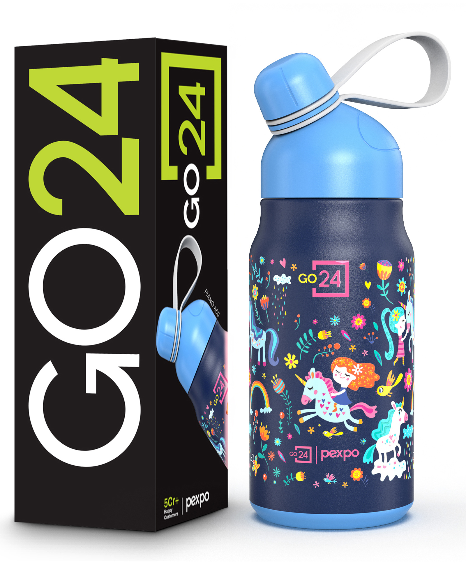 Pexpo Steel Water Bottle for School Kids 6 Years+ age, Hot & Cold with Sipper Cap Double Wall for Picnic Piano Pro 450 ISI Certified Stainless Outing Blue Unicorn Print - - 425 ml-image-5