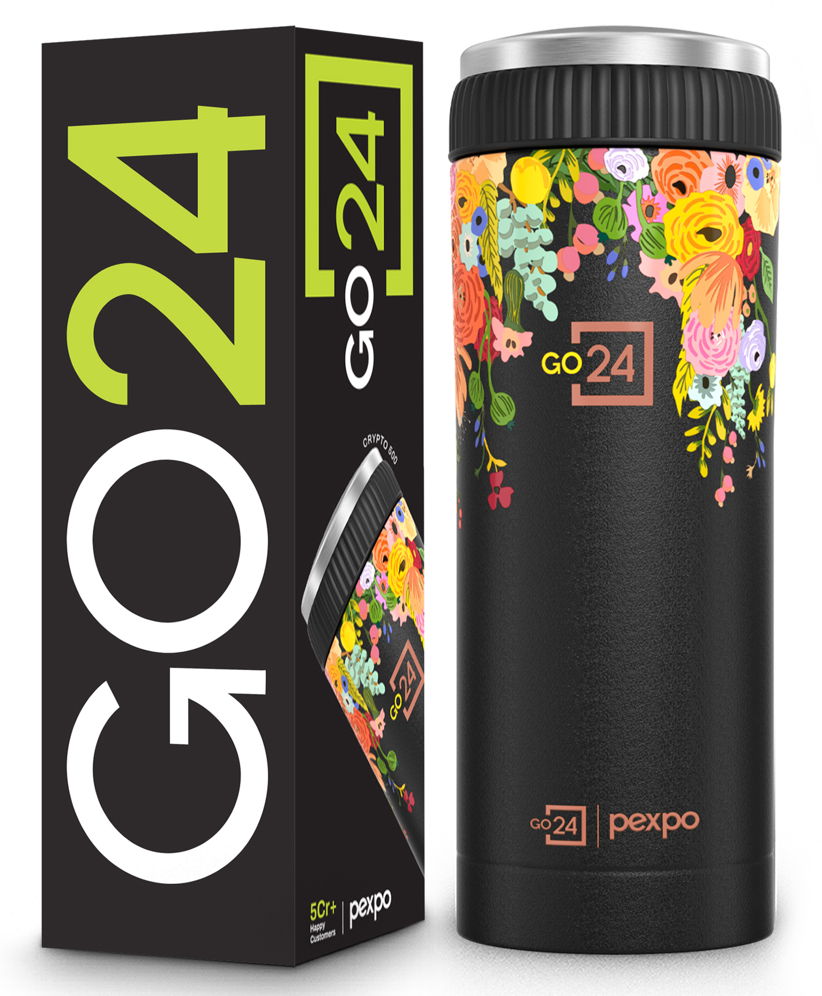 Go24 Crypto Art 500 ISI Certified Stainless Steel Vacuum Insulated Coffee Tumbler Hot & Cold Double Wall Flask Leak Proof Travel Mug for Office and Car - Floral Black UV Print - 500 ml-image-46