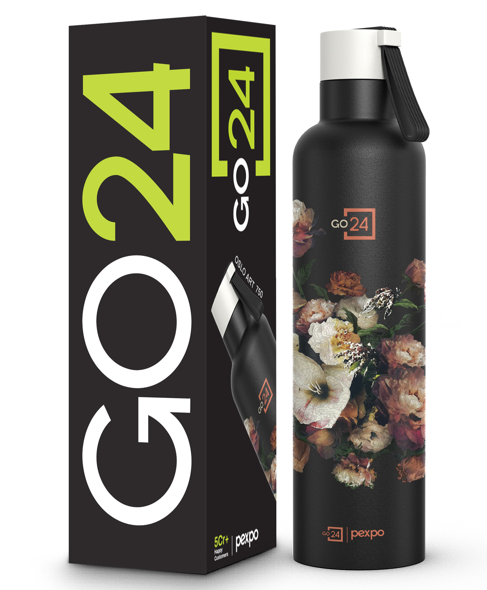 Pexpo Oslo Hot & Cold Stainless Steel Water Bottle Vacuum Insulated Flask ISI Certified Flower Print Office Home Gym Adults 750 ml - Knight Black-image-21