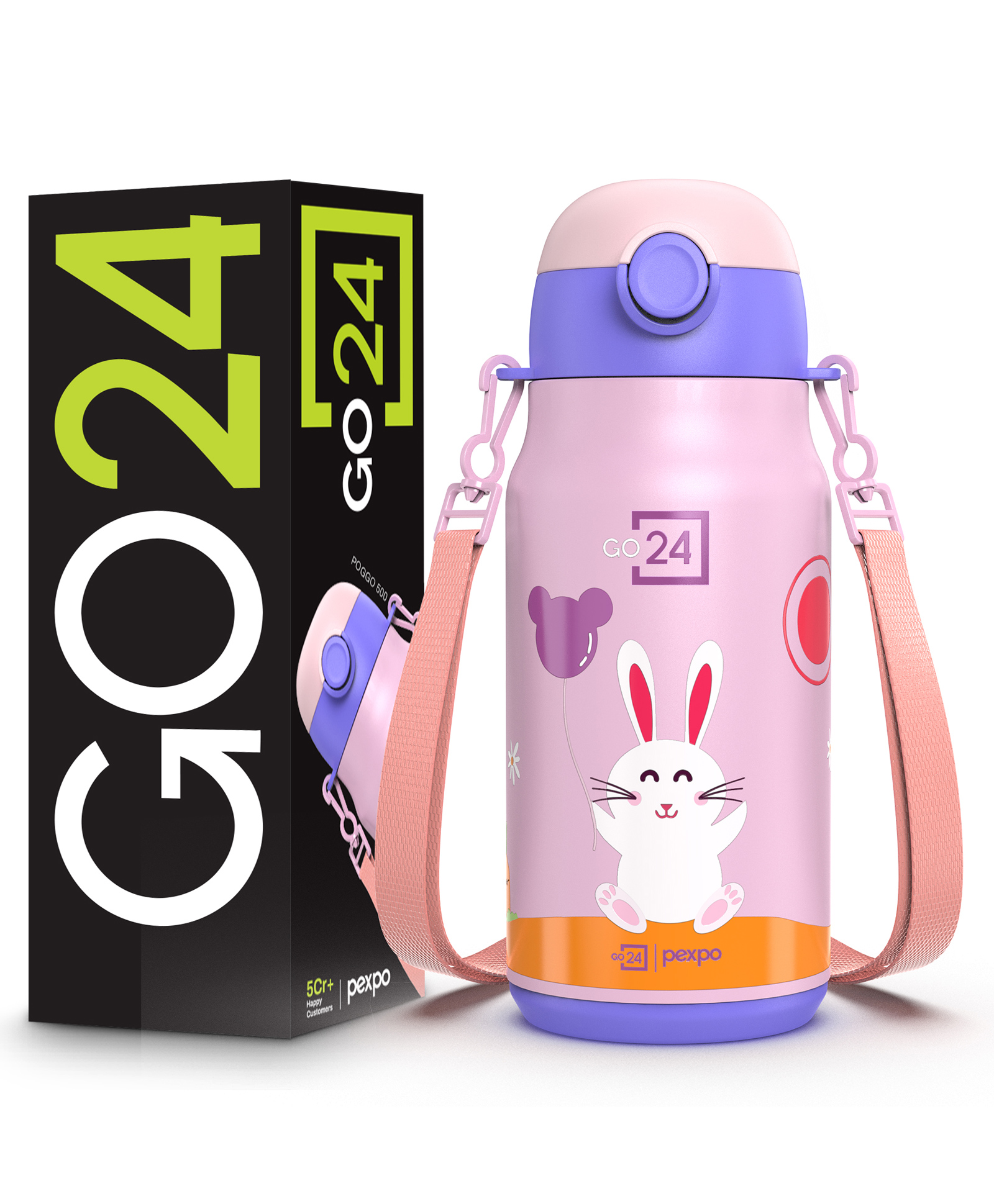Pexpo Poggo Hot & Cold Stainless Steel Water Bottle Rabbit UV Printed Design Vacuum Insulated Leak Proof 420 ml - Pink-image-35
