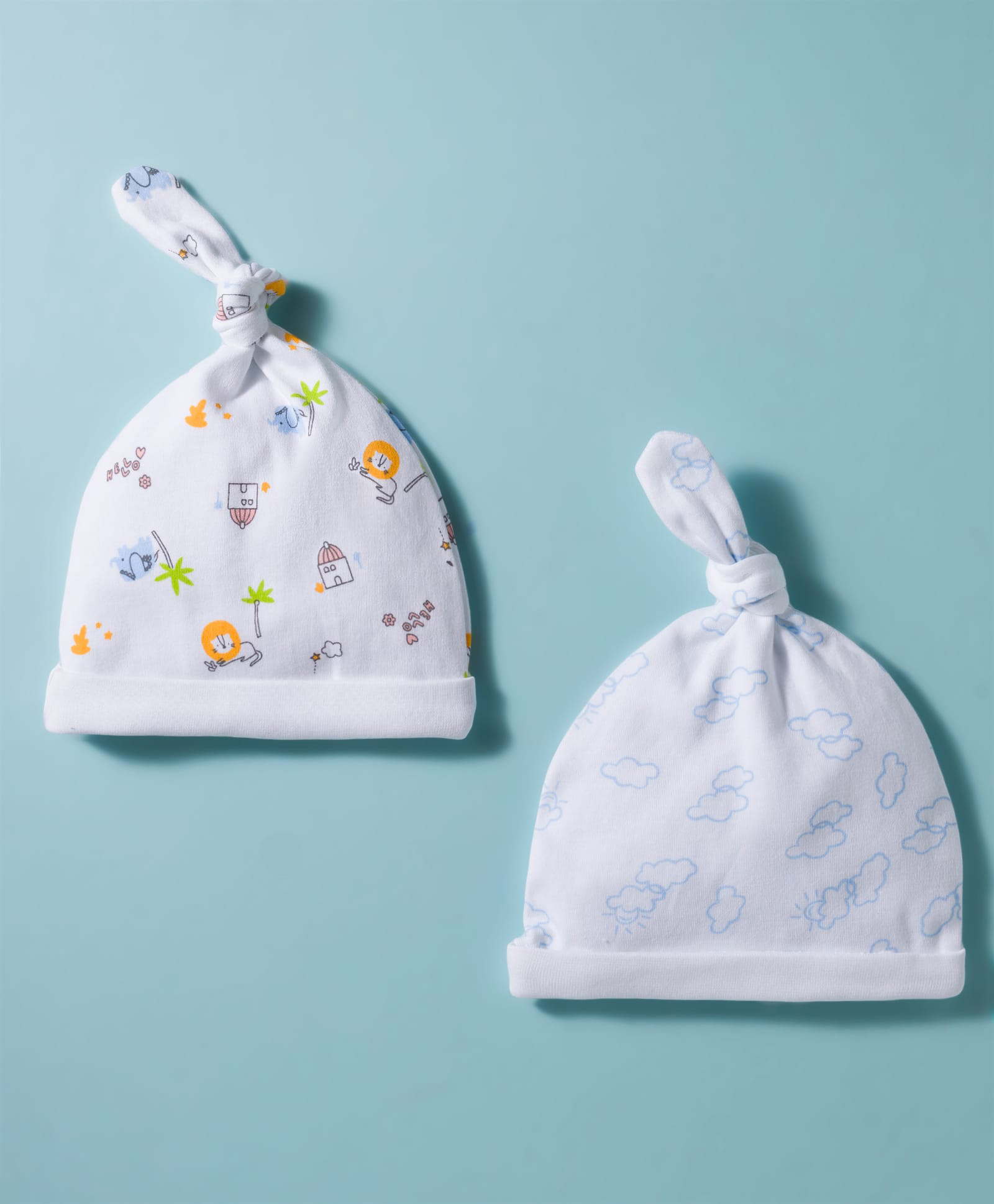 Babyhug 100% Cotton Interlock Knit Baby Caps With Floral Print Pack of 2 White- Diameter 16 cm-image-16