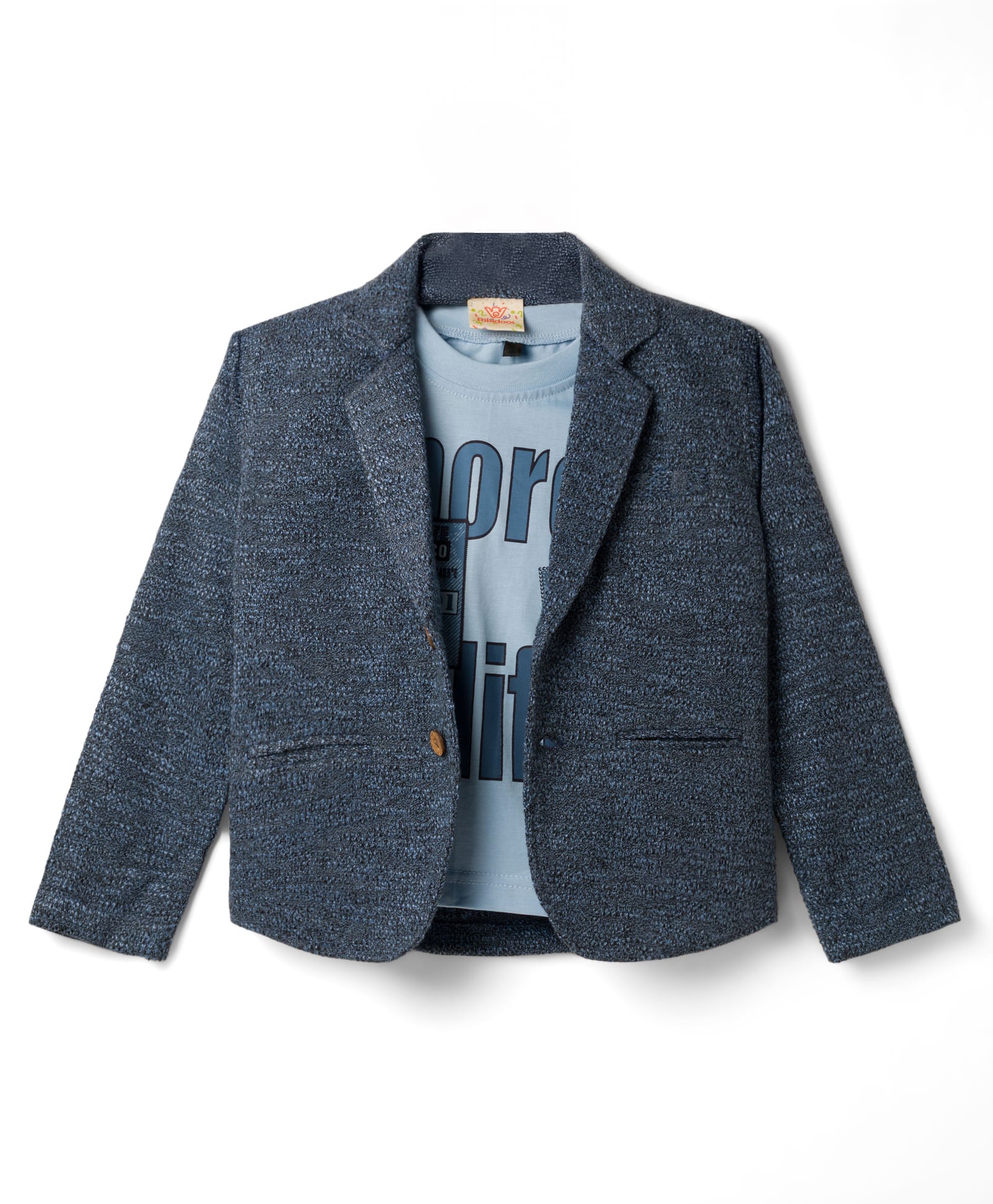Rikidoos Embosis Hosiery Woven Full Sleeves Solid Colour Party Blazer with Text Printed T-Shirt - Blue-picture-8