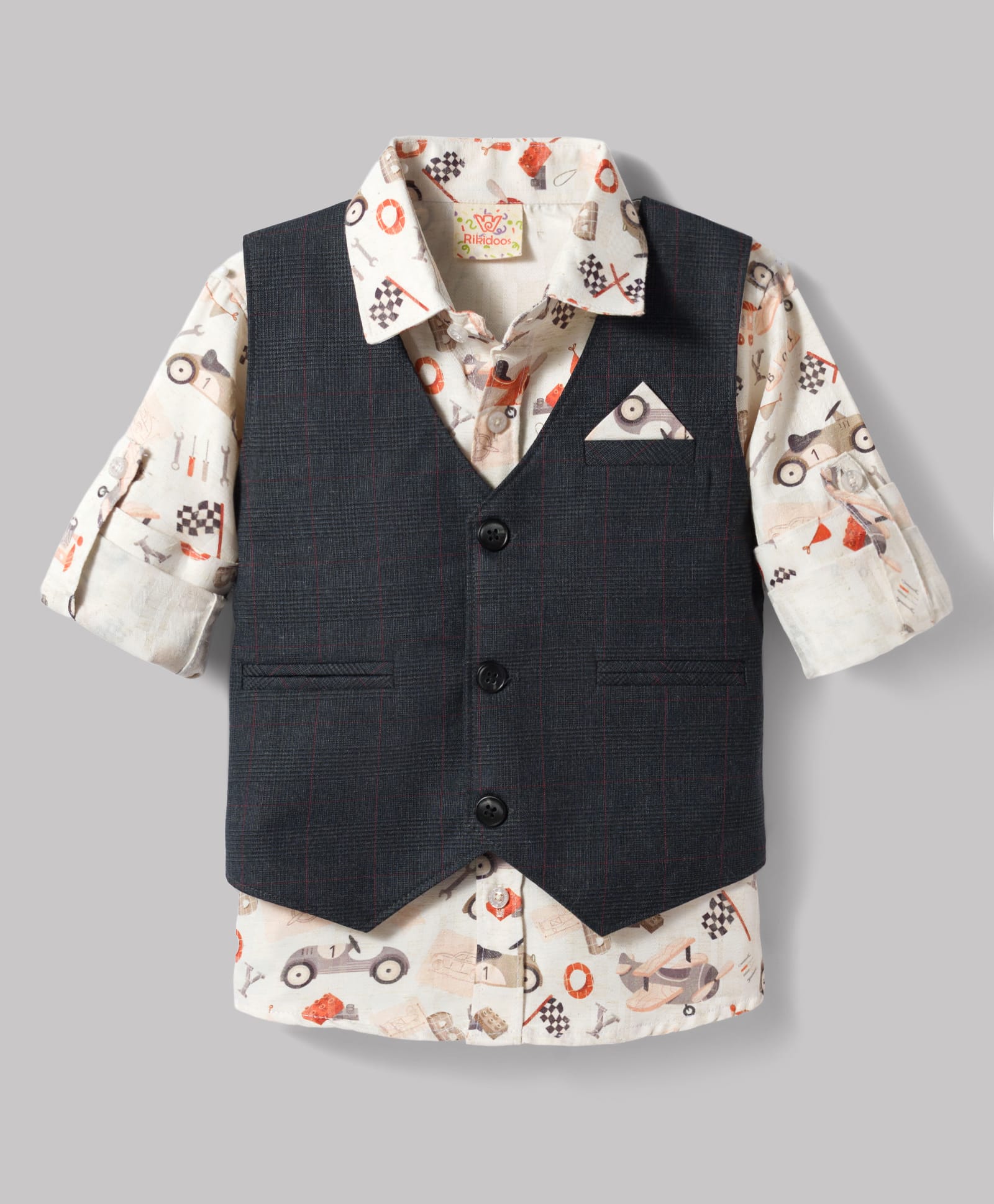 Rikidoos Cotton Woven Full Sleeve Racing Printed Party Shirt With Waist Coat - Charcoal Grey & Off White-picture-19
