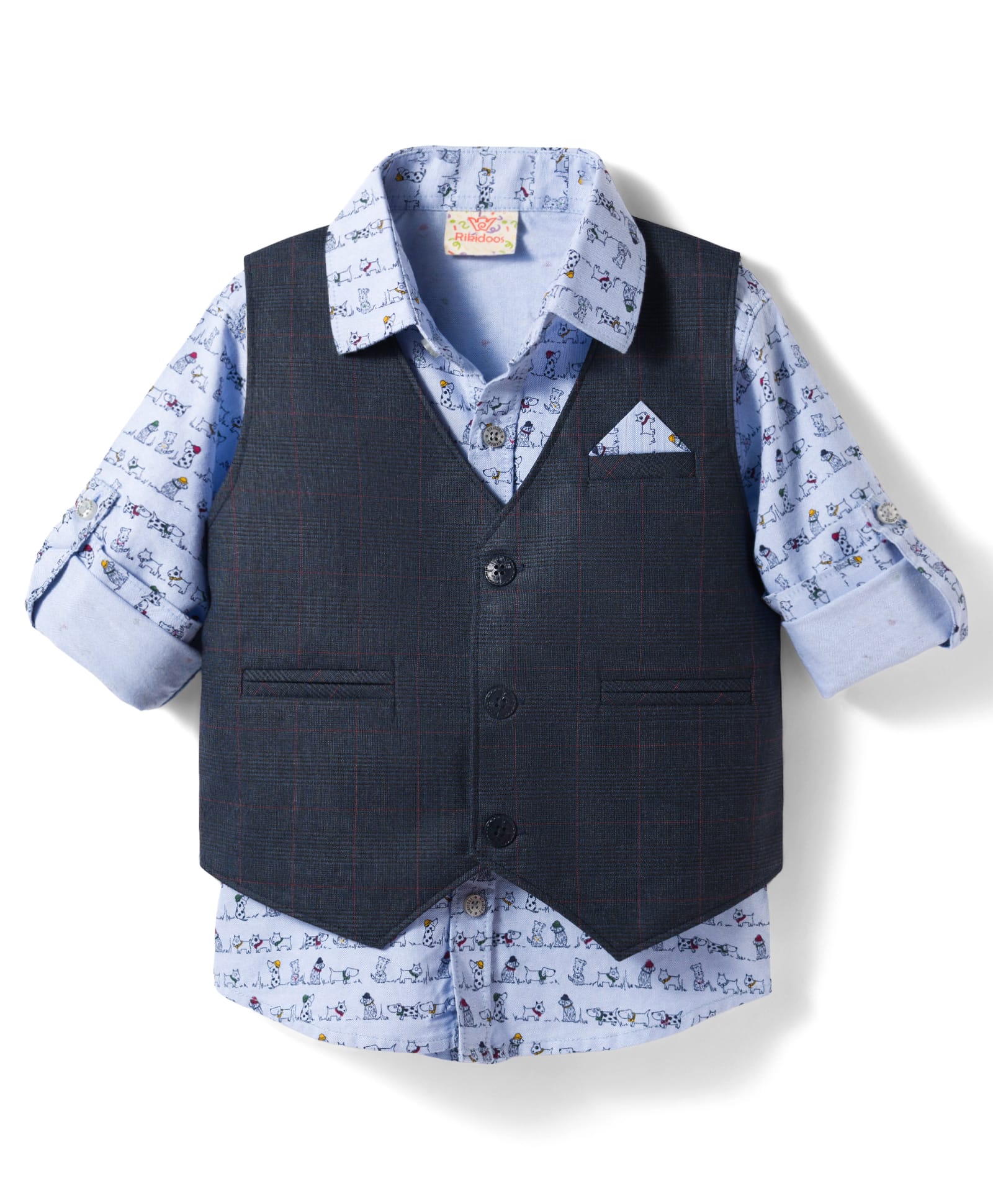 Rikidoos Cotton Woven Full Sleeve Animal Printed Party Shirt With Waist Coat - Blue-picture-17