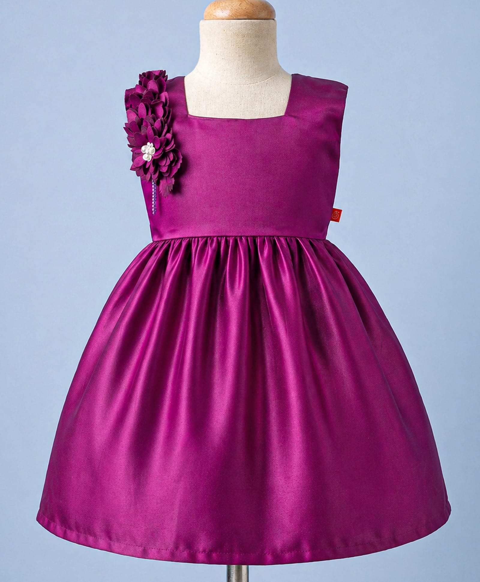 Twetoons Satin Woven Sleeveless Party Dress with Floral Applique - Wine-image-34