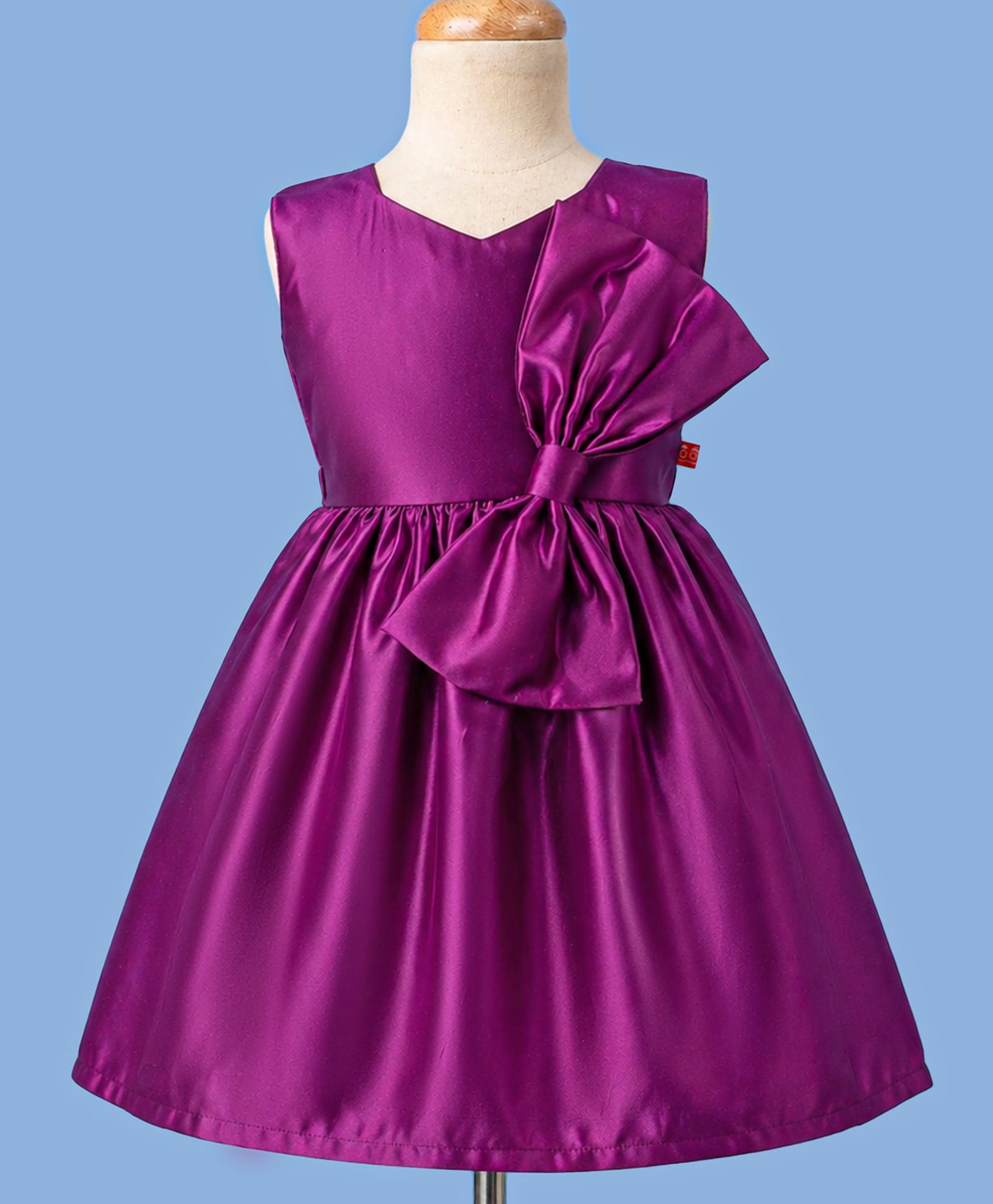 Twetoons Satin Woven Sleeveless Solid Party Dress with Bow Applique - Wine-image-34