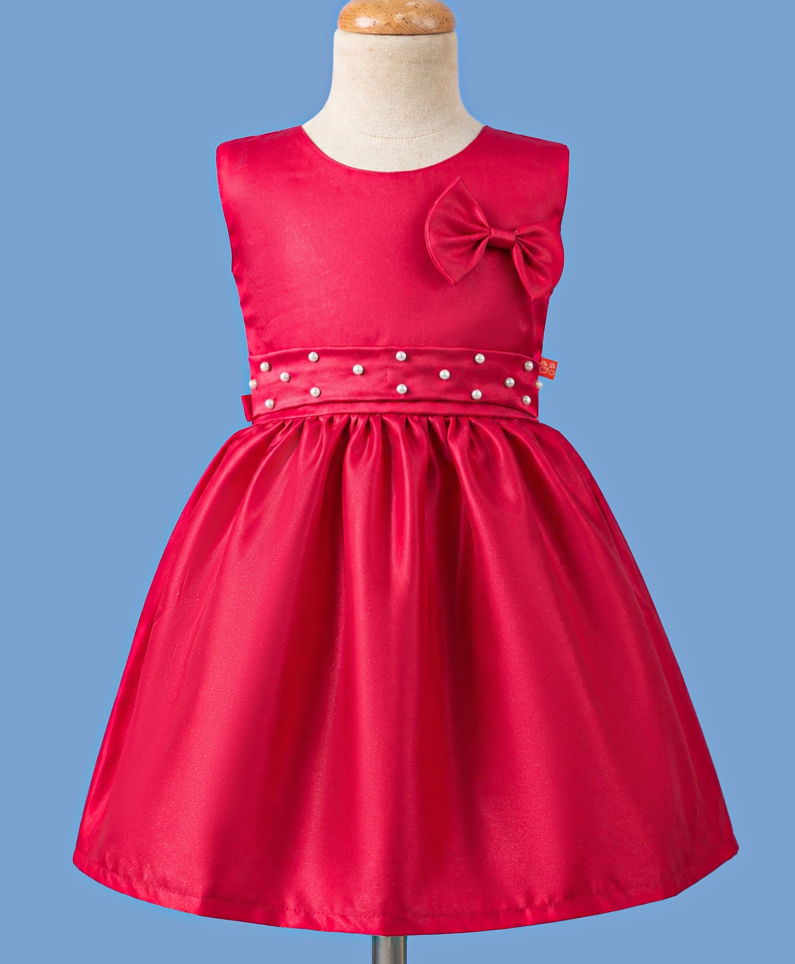 Twetoons Satin Woven Sleeveless Party Dress with Bow Applique & Pearl Detailing - Dark Pink-image-9