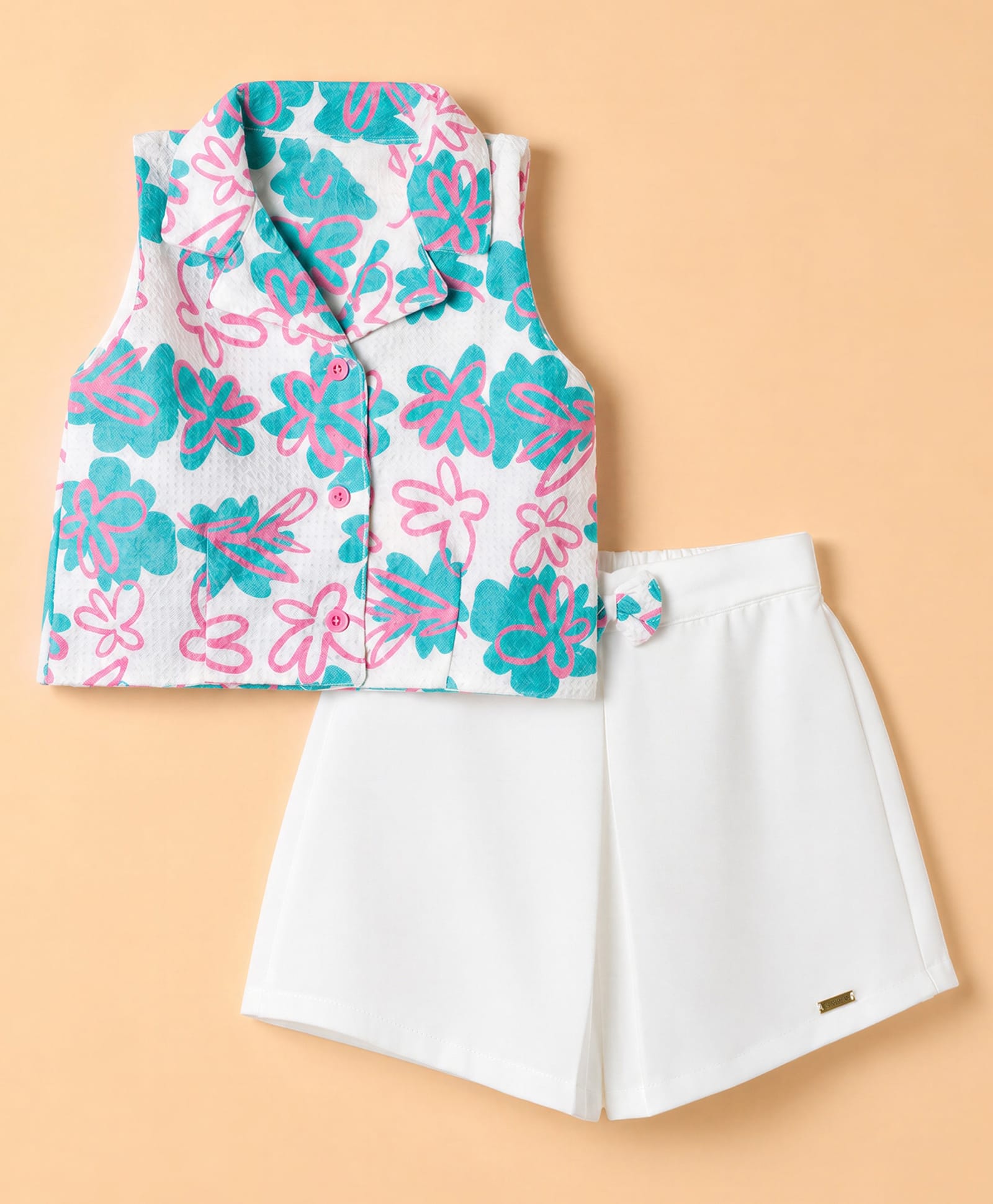 Twetoons Cotton Knit Sleeves Floral Printed Top & Shorts Set - White-image-44