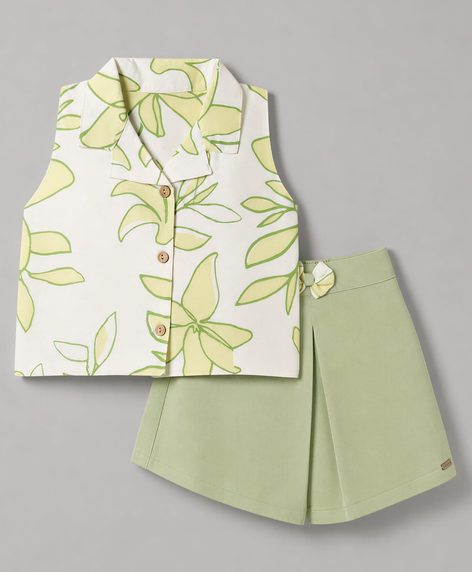 Twetoons Cotton Woven Sleeveless Floral Printed Top & Shorts Set - Light Green-picture-27