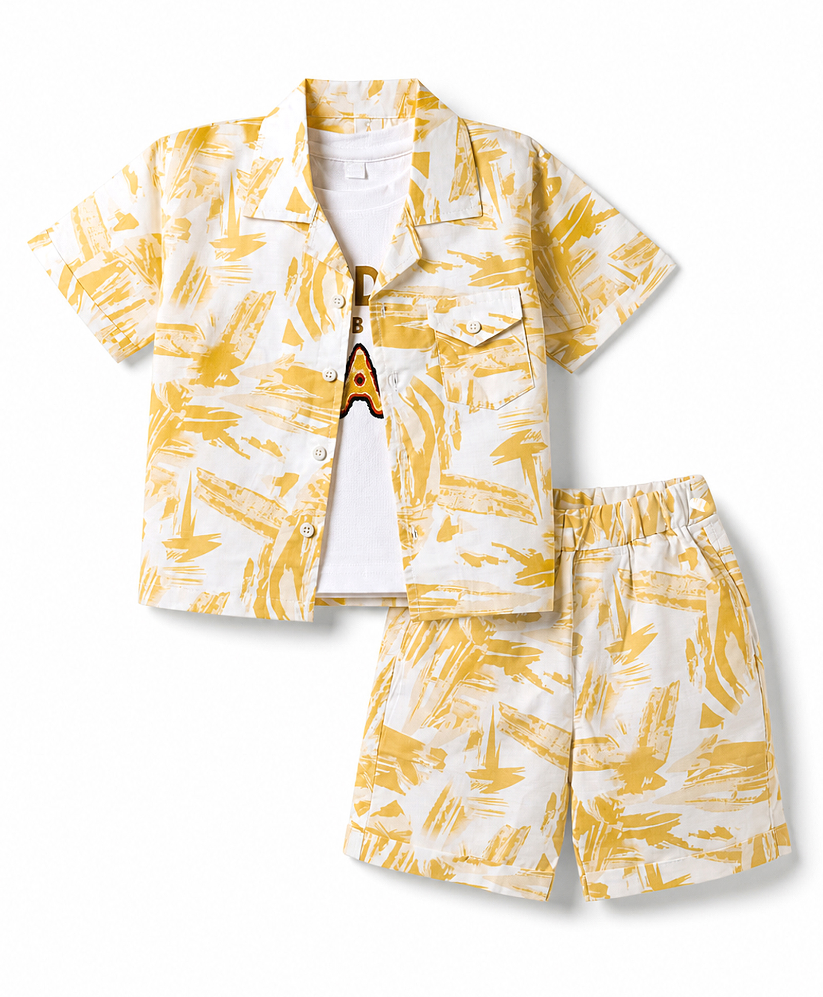 Kids Magic Cotton Knit Half Sleeves Printed Co-Ord Shirt & Shorts With T-Shirt - White & Yellow-image-19