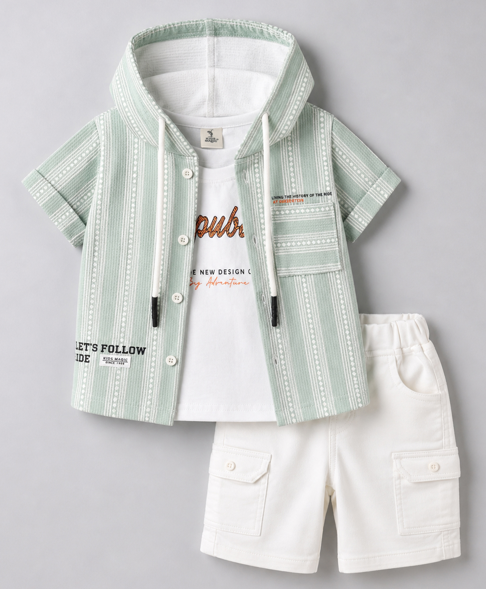 Kids Magic Cotton Knit Half Sleeves Hooded Shirt & Shorts Set With T-Shirt & Text Print - Multicolor