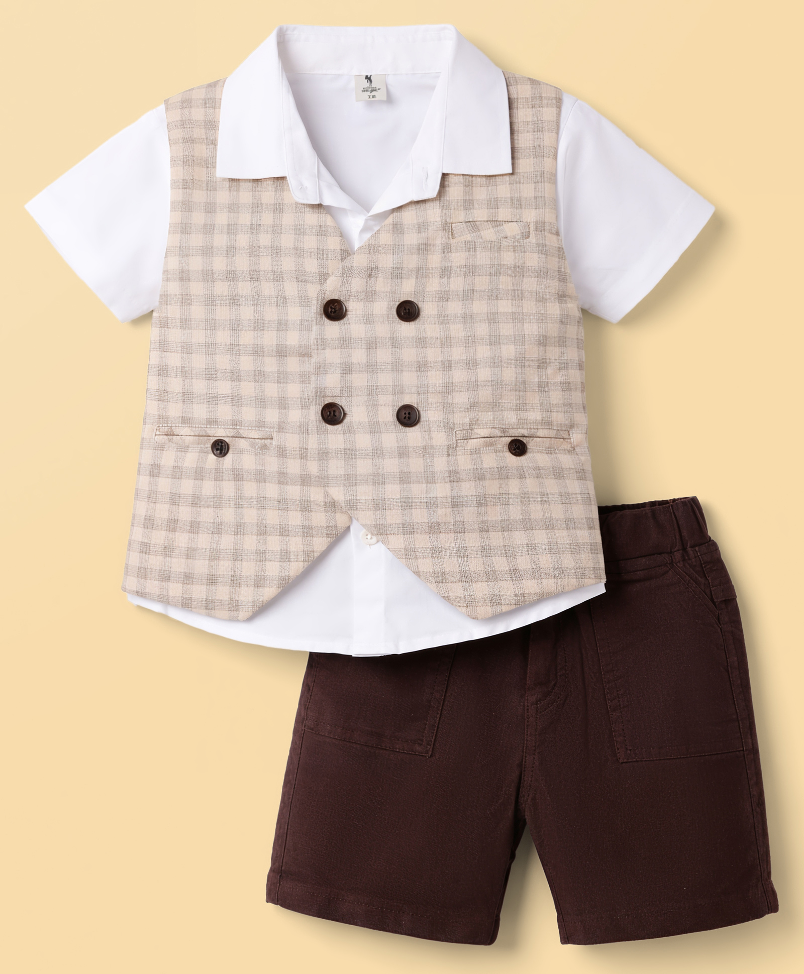 Kids Magic Cotton Knit Half Sleeves 3 Piece Checks Party Suit - Grey-picture-26