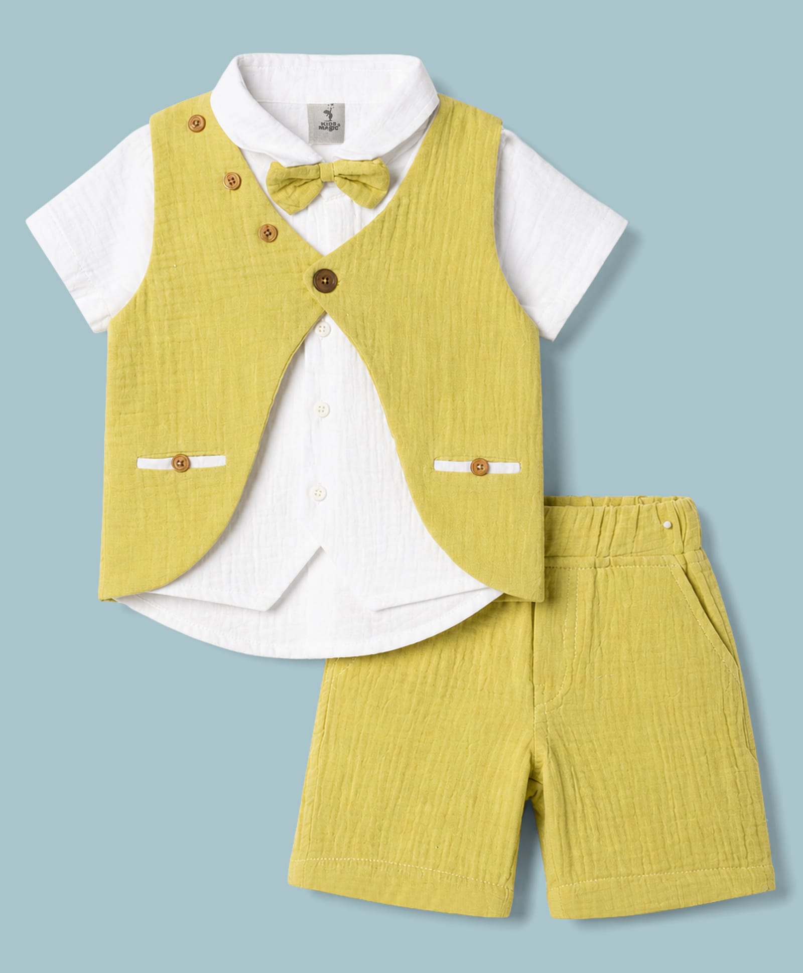Kids Magic Cotton Knit Half Sleeves Solid 3 Piece Party Suit With Bow - Yellow-image-35