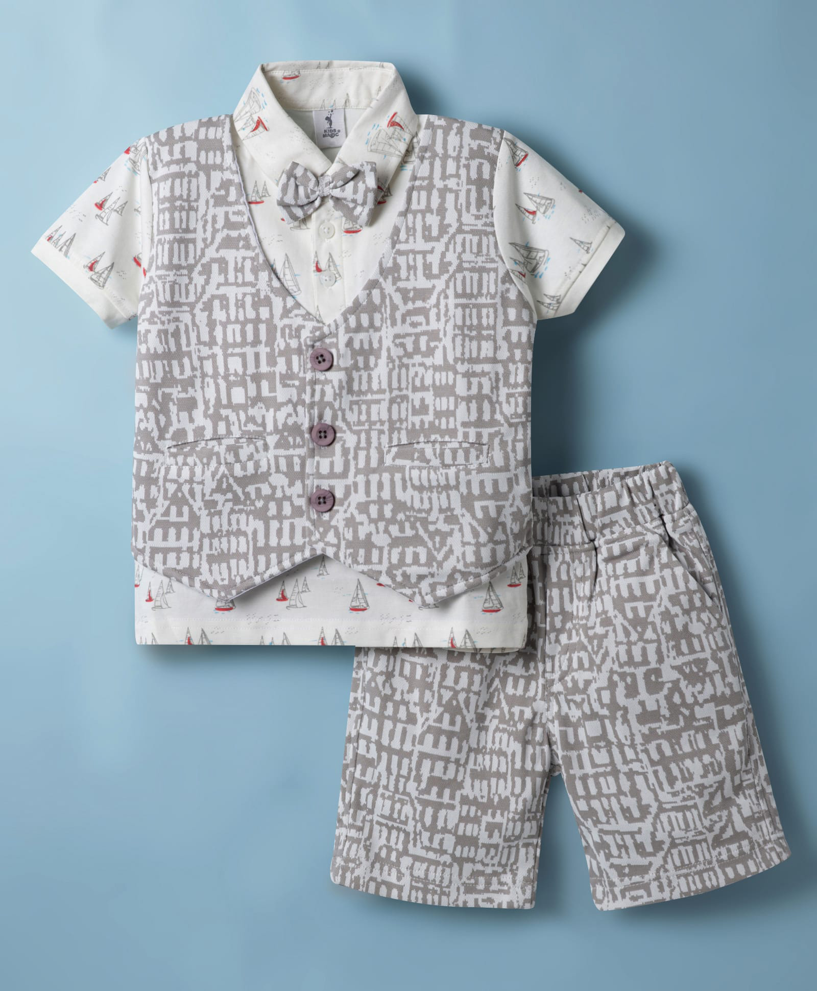 Kids Magic Half Sleeves 3 Piece Suit With Bow & Ship Print - Grey & White-image-1