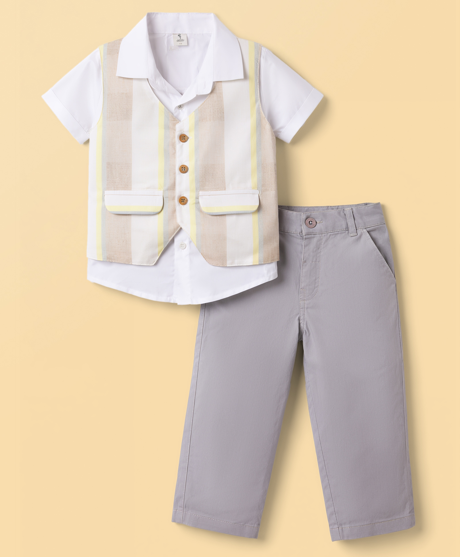 Kids Magic Cotton Knit Half Sleeves Striped 3 Piece Party Suit - Beige White & Grey-image-35