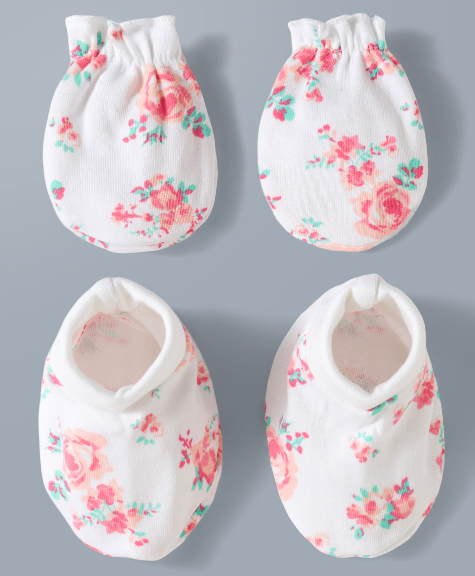 Babyhug 100% Cotton Interlock Knit Mittens & Booties Set With Floral Print - Off White-image-5