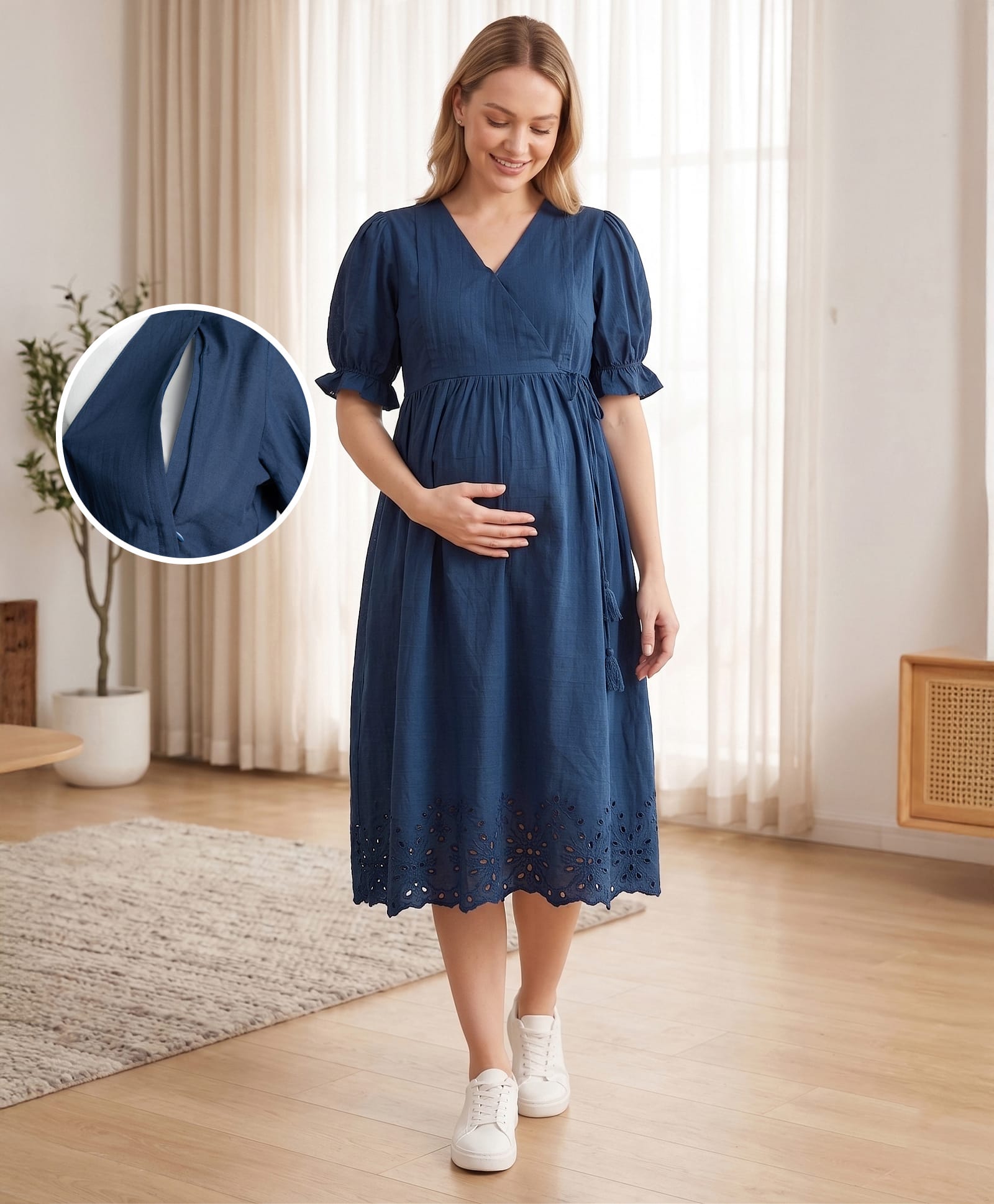 Bella Mama 100% Cotton Woven Half Sleeves Maternity Dress With Floral Embroidery - Navy Blue-picture-0