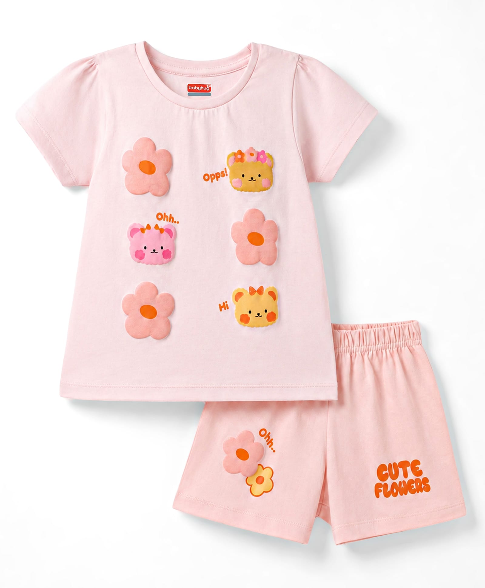 Babyhug Half Sleeves T-Shirt & Shorts Night Suit With Floral Print - Peach-image-24