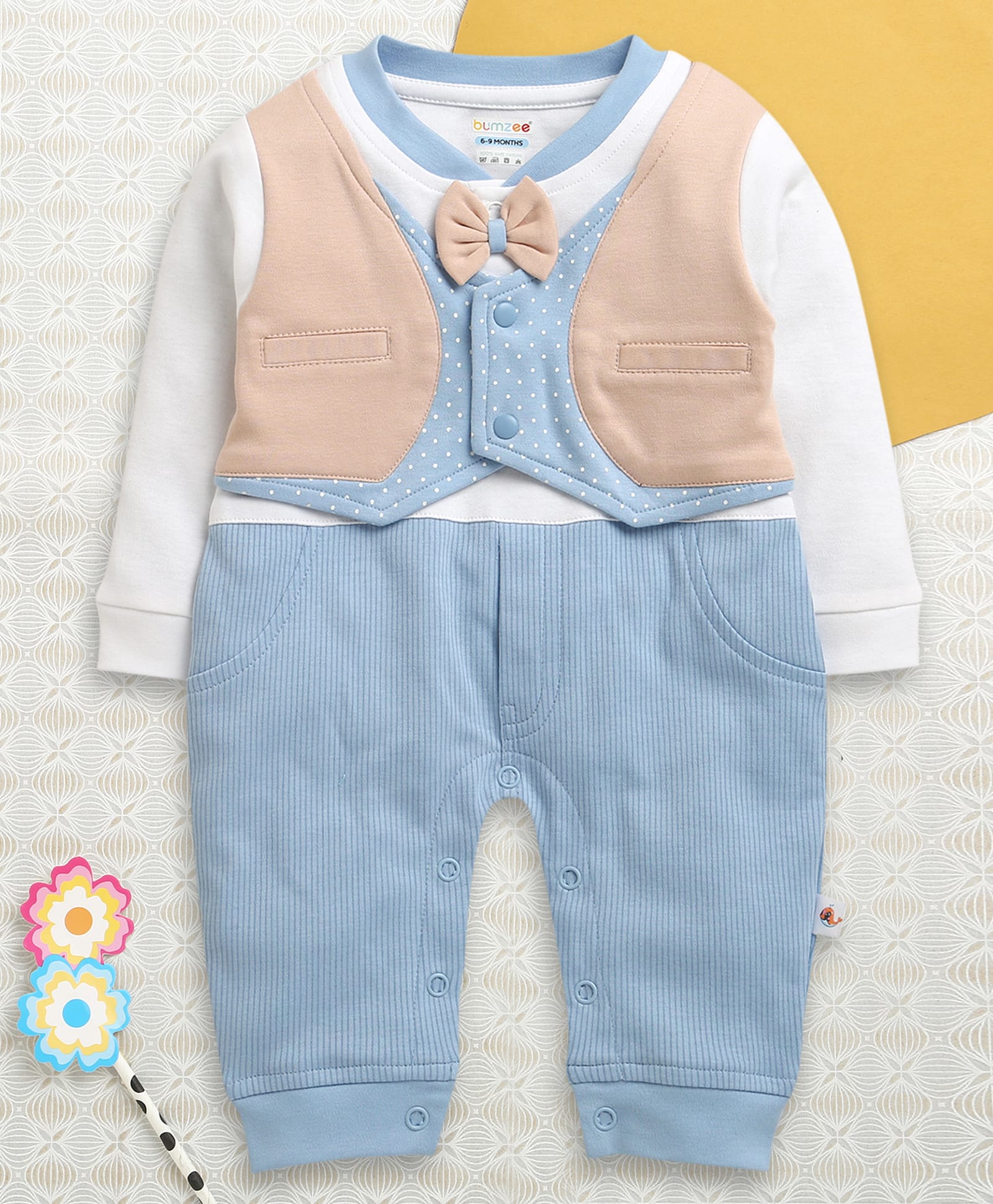 BUMZEE Cotton Knit Full Sleeves Polka Dots Striped & Bow Applique Detailed Romper With Attached Waistcoat - Blue & Peach-image-21