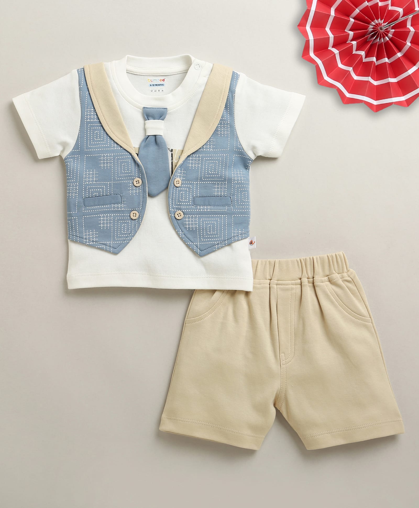 BUMZEE Cotton Knit Half Sleeves Tie Applique Detailed Tee & Shorts Set - White & Beige-image-23