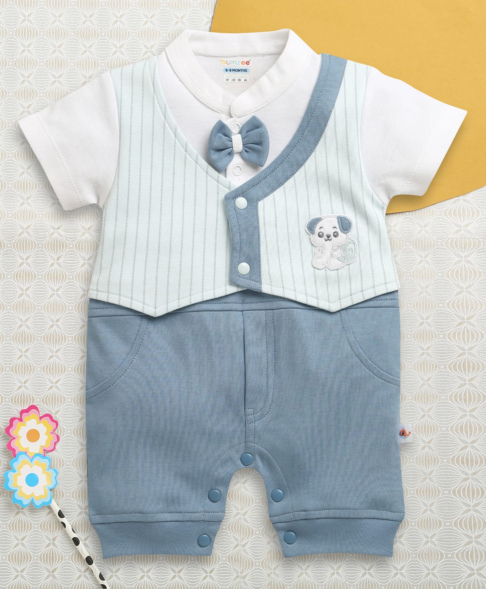 BUMZEE Cotton Knit Full Sleeves Animal Embroidered Striped & Bow Applique Detailed Romper With Attached Waistcoat - Dusty Blue-image-22