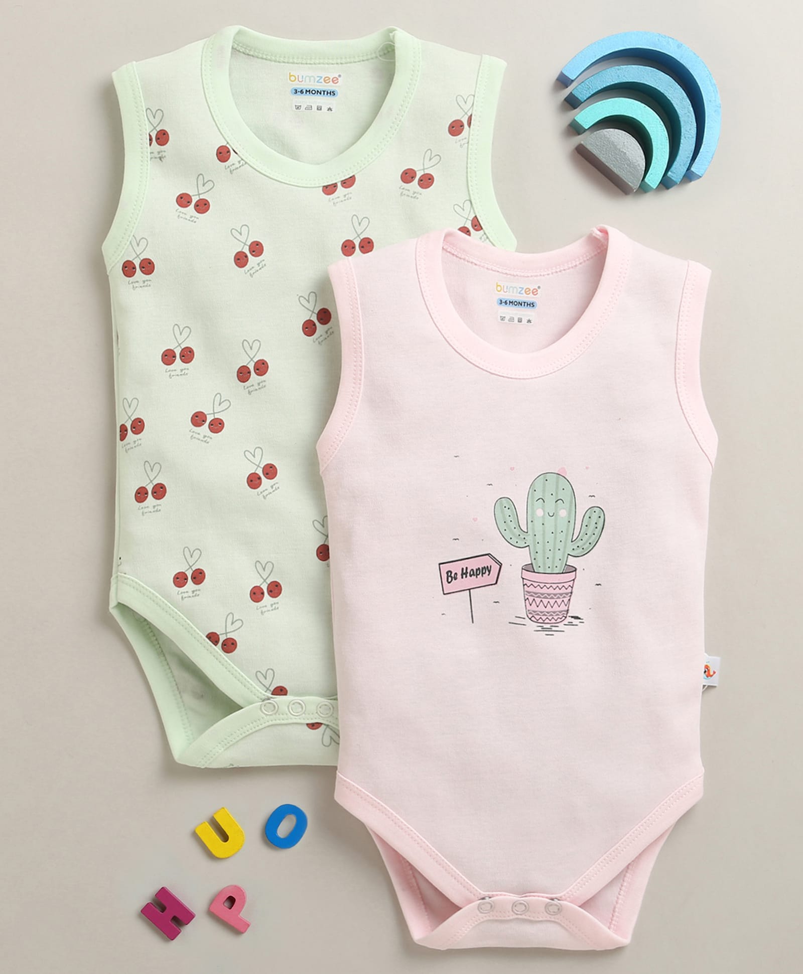 BUMZEE Cotton Knit Pack Of 2 Sleeveless Cherries & Cactus Printed Onesies - Mint Green & Pink-image-45