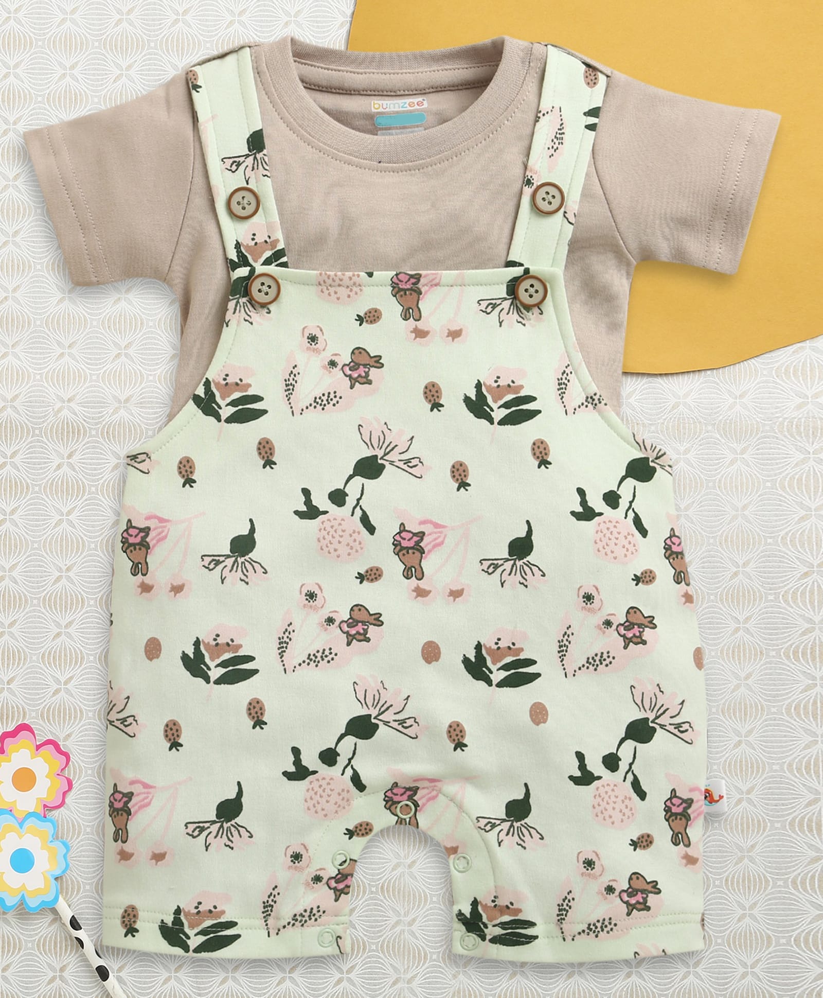 BUMZEE Cotton Knit Half Sleeves Floral & Animals Printed Dungaree & Tee Set - Green & Beige-image-42