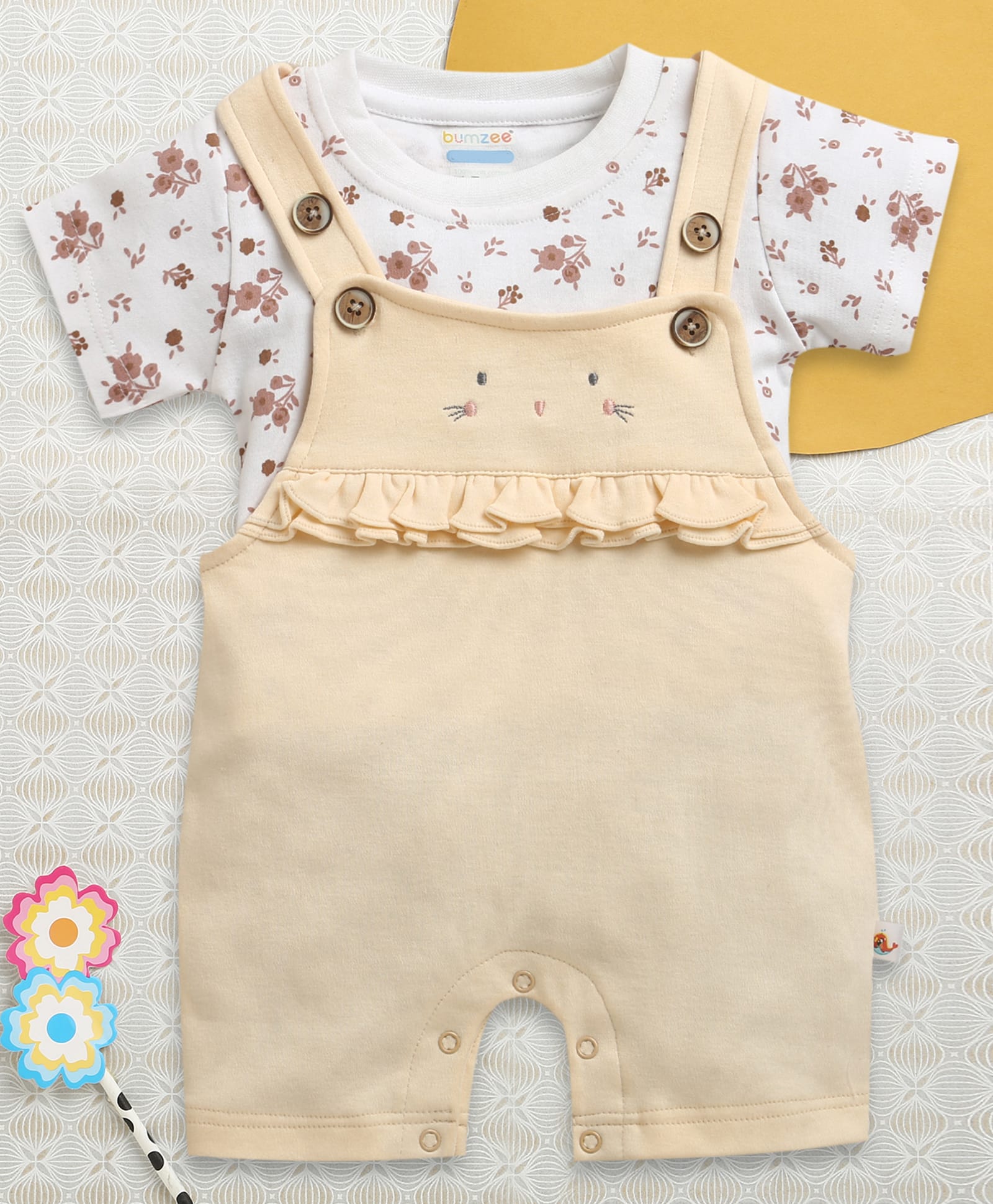 BUMZEE Cotton Knit Half Sleeves Frill Detailed Dungaree & Tee Set - Peach & White-picture-10