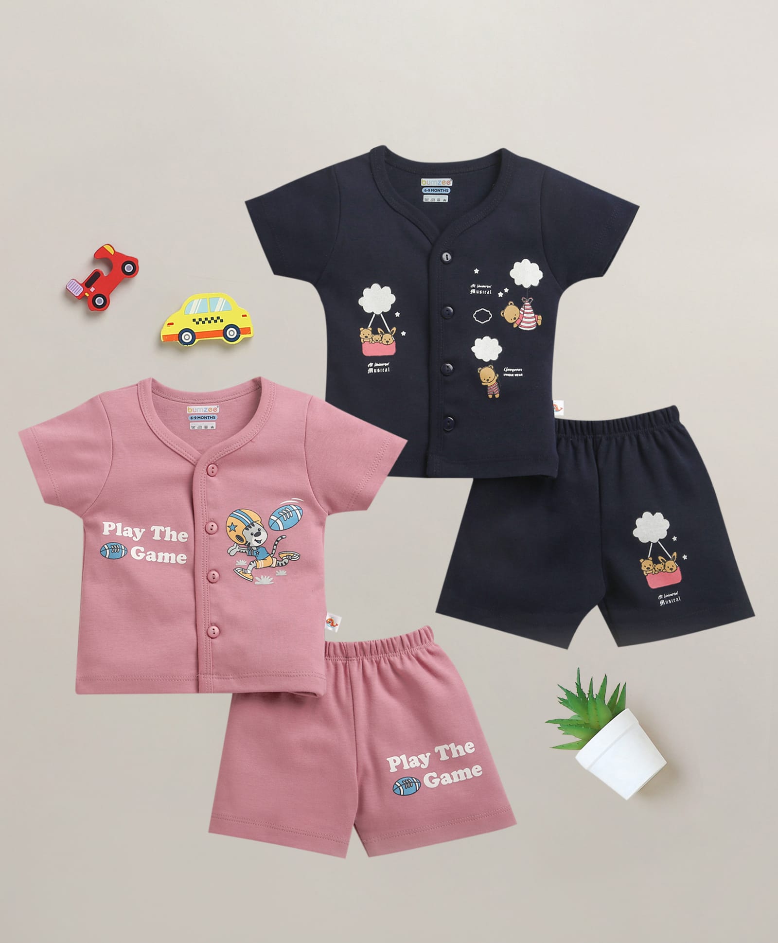 BUMZEE Cotton Knit Pack Of 2 Half Sleeves Play The Game Text & Teddy Printed Jhablas & Shorts Set - Navy Blue & Onion Pink-image-20