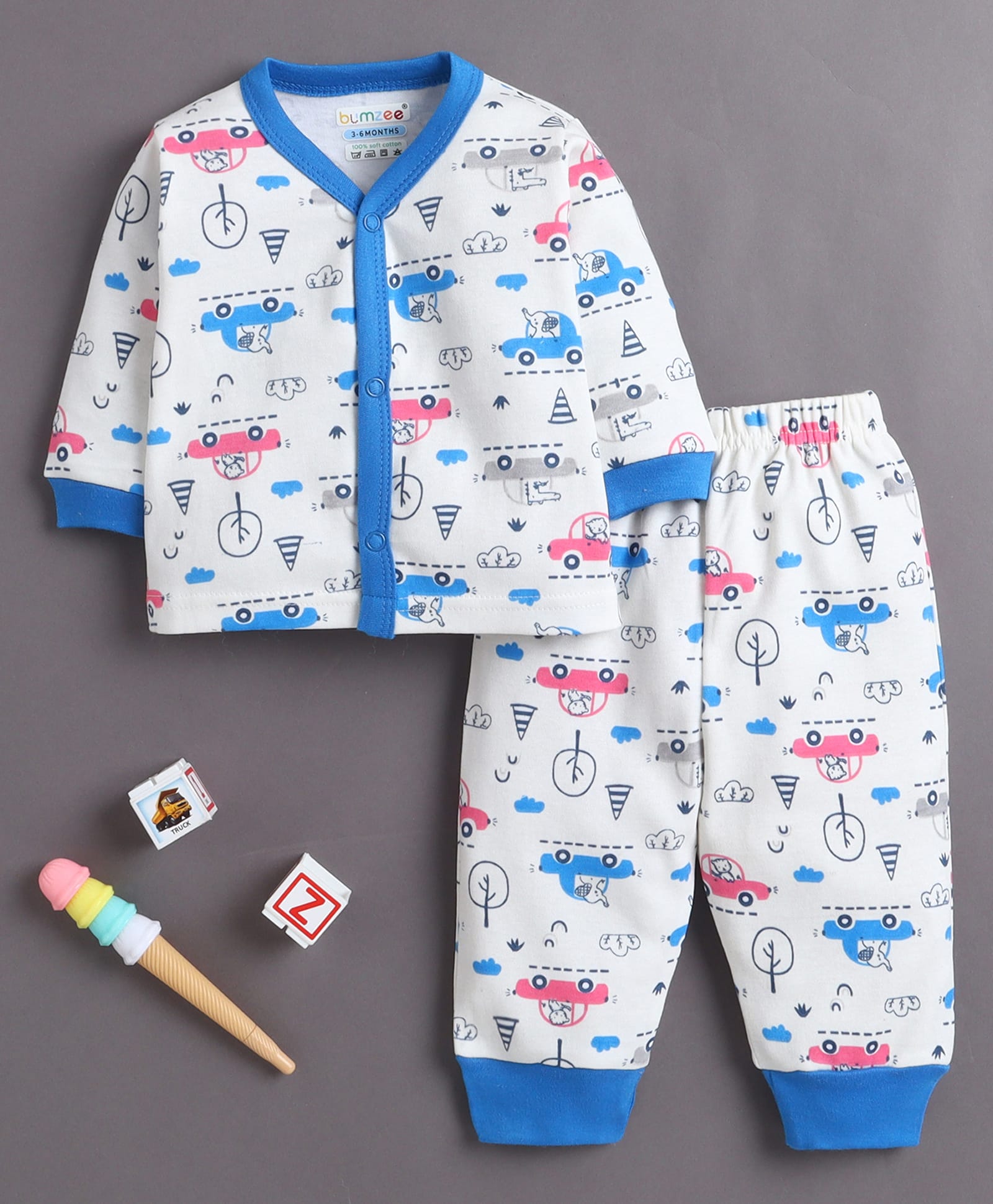 BUMZEE Cotton Knit Full Sleeves Cars & Animals Printed Coordinating Shirt & Pajama Night Suit - Off White & Blue-image-48