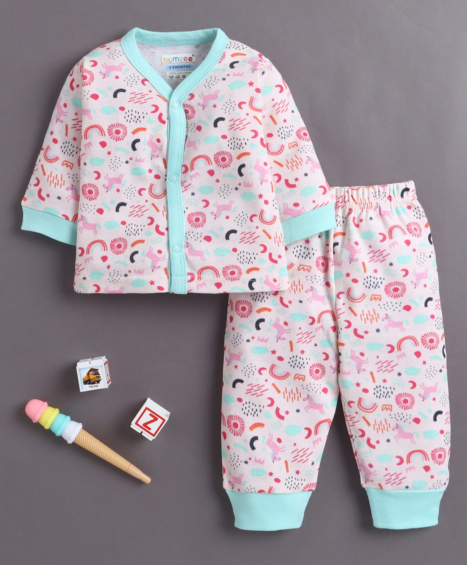 BUMZEE Cotton Knit Full Sleeves Unicorn & Rainbow Printed Coordinating Shirt & Pajama Night Suit - Pink & Mint-image-8