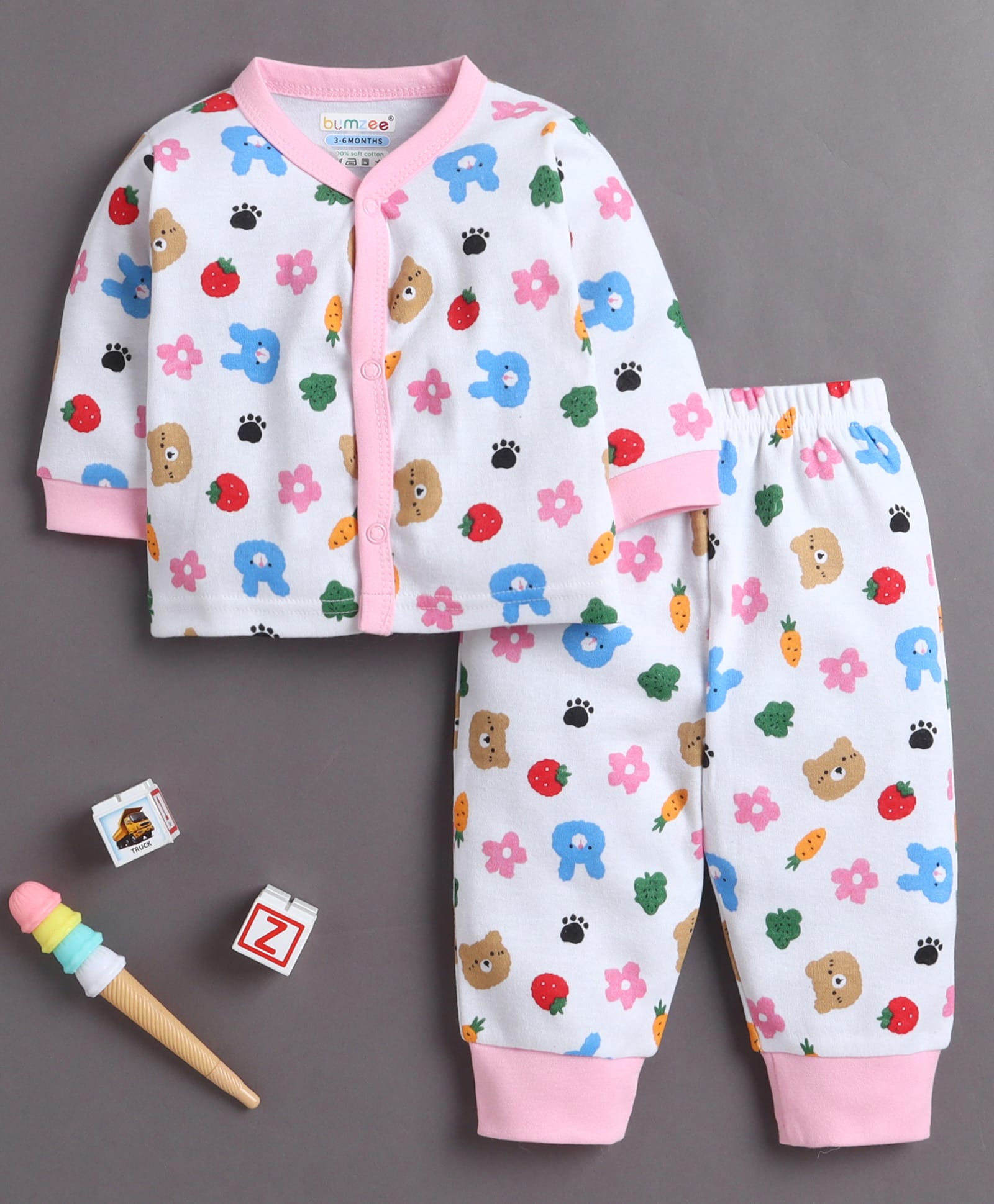 BUMZEE Cotton Knit Full Sleeves Floral & Teddy Printed Coordinating Shirt & Pajama Night Suit - White & Pink-image-4