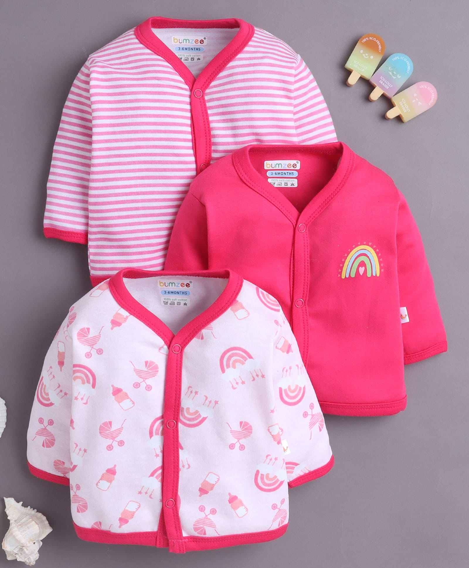 BUMZEE Cotton Knit Pack Of 3 Full Sleeves Rainbow Printed Jhablas - White & Baby Pink-image-25