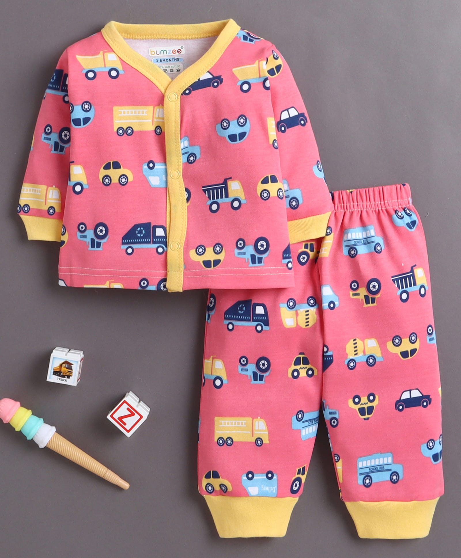 BUMZEE Cotton Knit Half Sleeves Vehicles Printed Coordinating Shirt & Pajama Night Suit - Coral & Yellow-picture-1