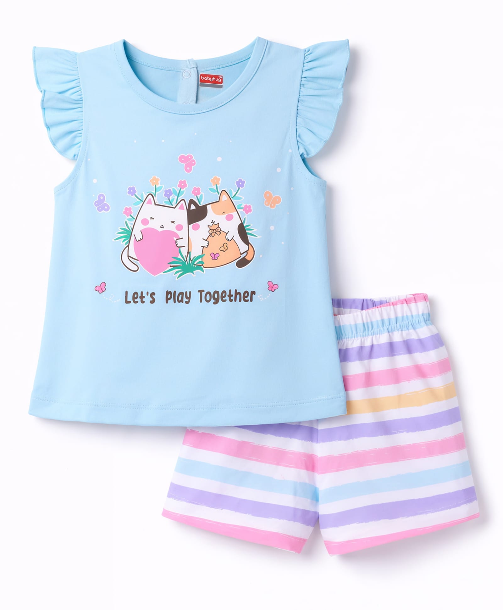 Babyhug Cotton Knit Sleeveless T-Shirt & Striped Shorts Night Suit With Animal Print - Blue-image-47