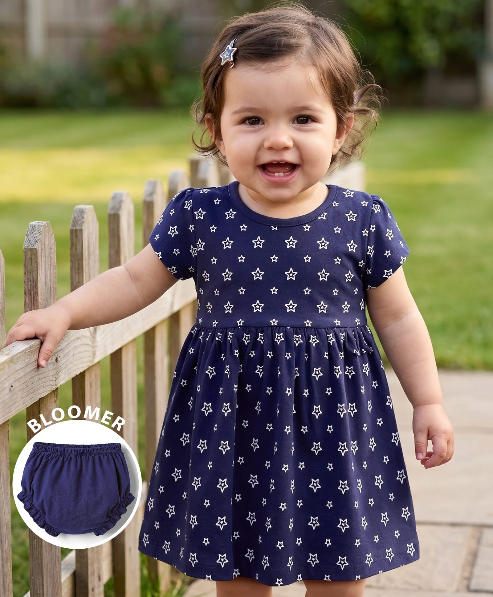 Babyhug Single Jersey Knit Half Sleeves Star Printed Frock With Bloomer - Navy Blue-image-48